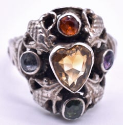 Antique Silver Victorian Citrine, Tourmaline and Amethyst Heart Ring
