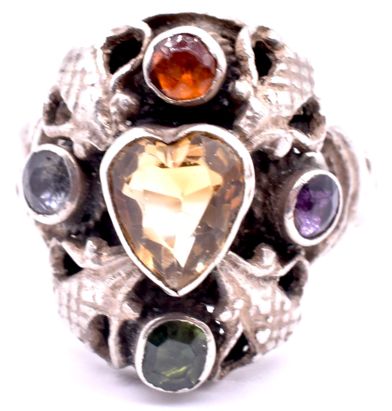 Late Victorian Antique Silver Victorian Citrine, Tourmaline and Amethyst Heart Ring