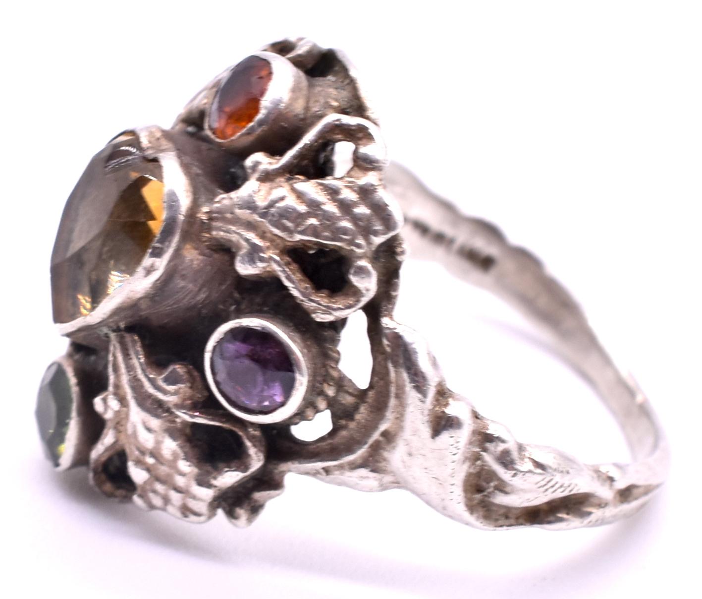 Antique Silver Victorian Citrine, Tourmaline and Amethyst Heart Ring In Excellent Condition In Baltimore, MD