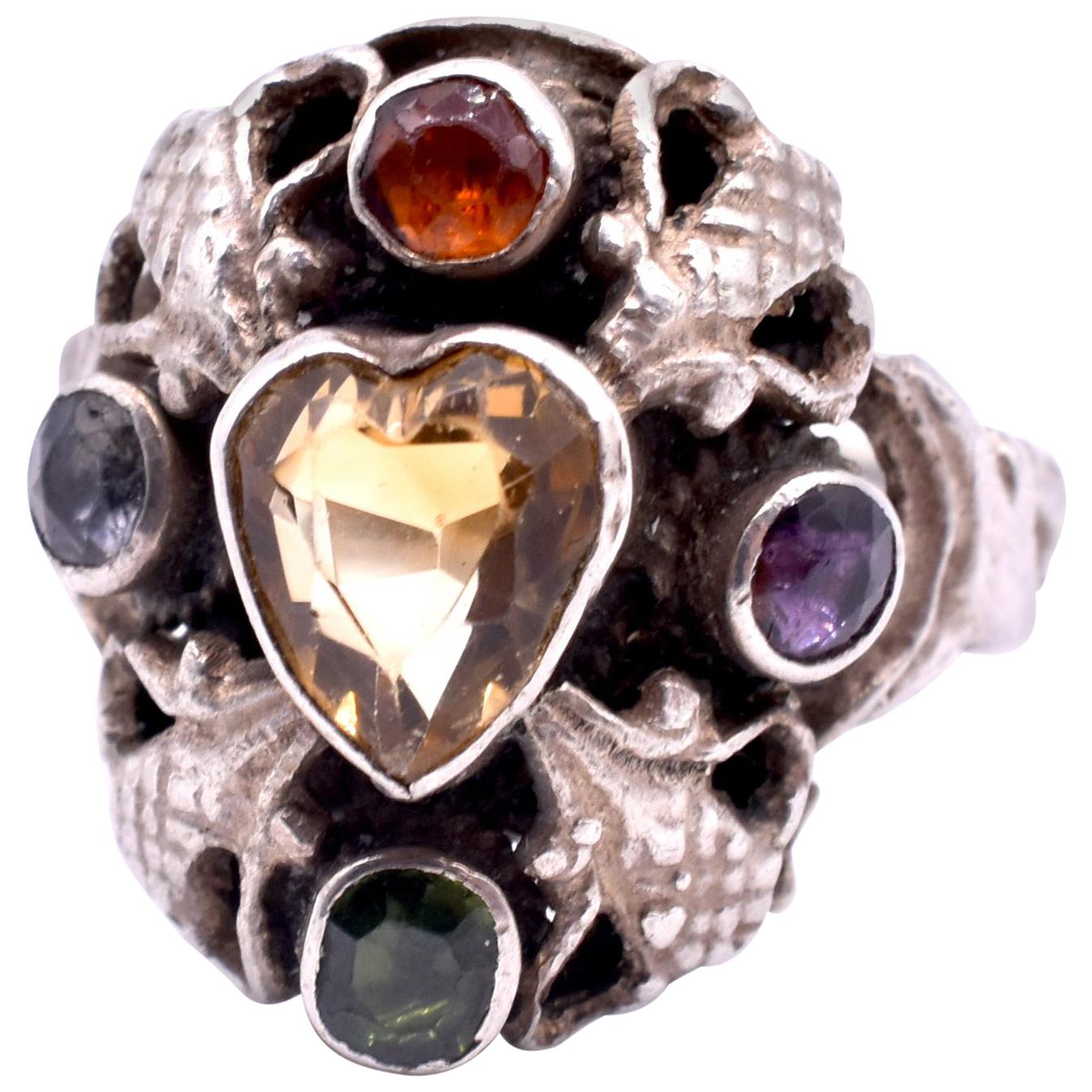 Antique Silver Victorian Citrine, Tourmaline and Amethyst Heart Ring