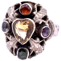 Antique Silver Victorian Citrine, Tourmaline and Amethyst Heart Ring