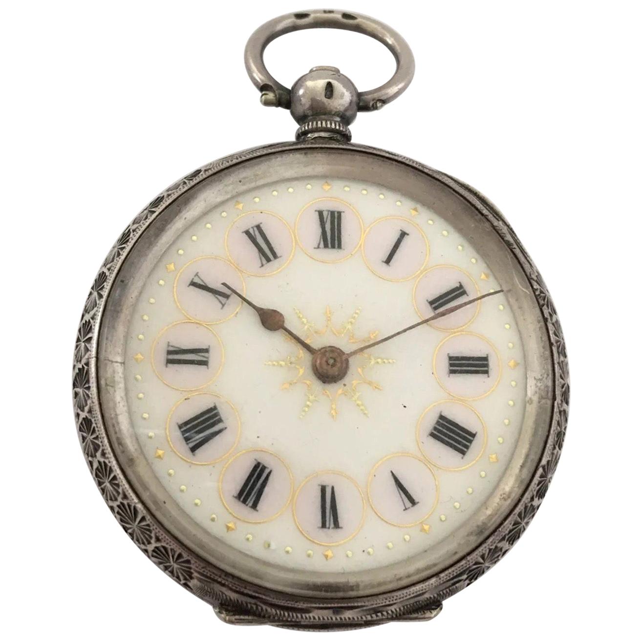 Antique Silver with Pink Enamel and Gold Inlaid Dial Key Wind Pocket Watch