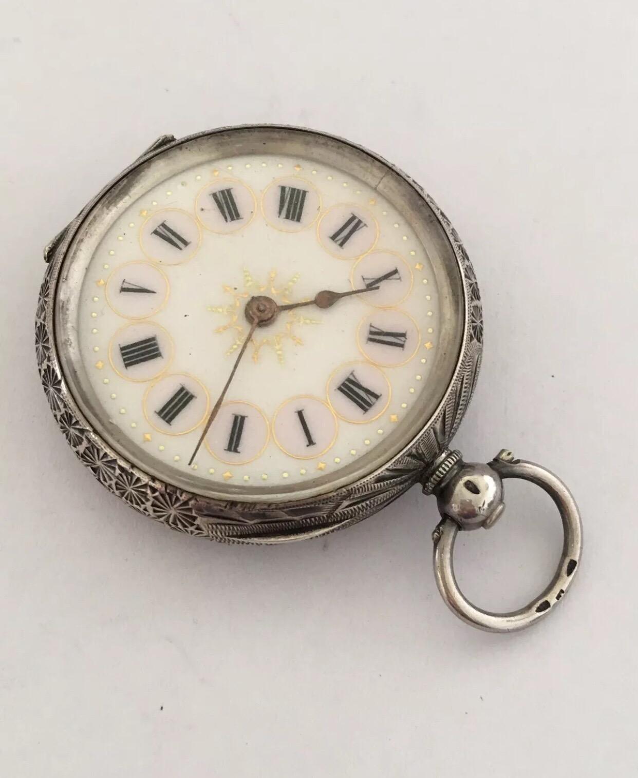 Antique Silver with Pink Enamel and Gold Inlaid Dial Key Wind Pocket Watch 6