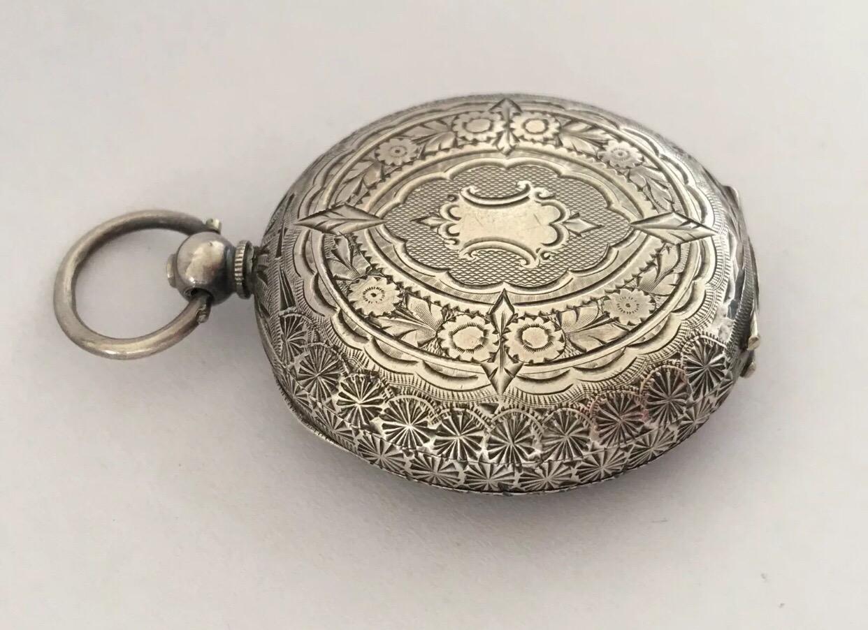 Antique Silver with Pink Enamel and Gold Inlaid Dial Key Wind Pocket Watch 7