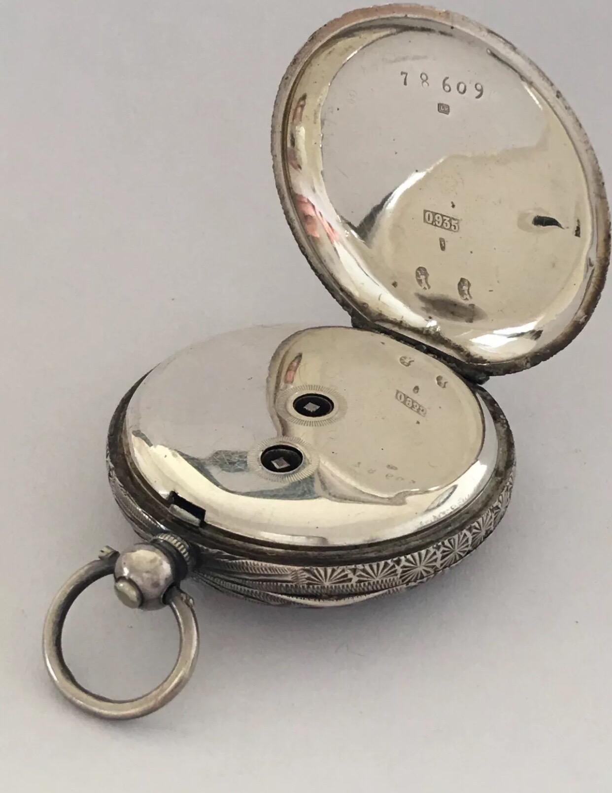 Antique Silver with Pink Enamel and Gold Inlaid Dial Key Wind Pocket Watch In Good Condition In Carlisle, GB