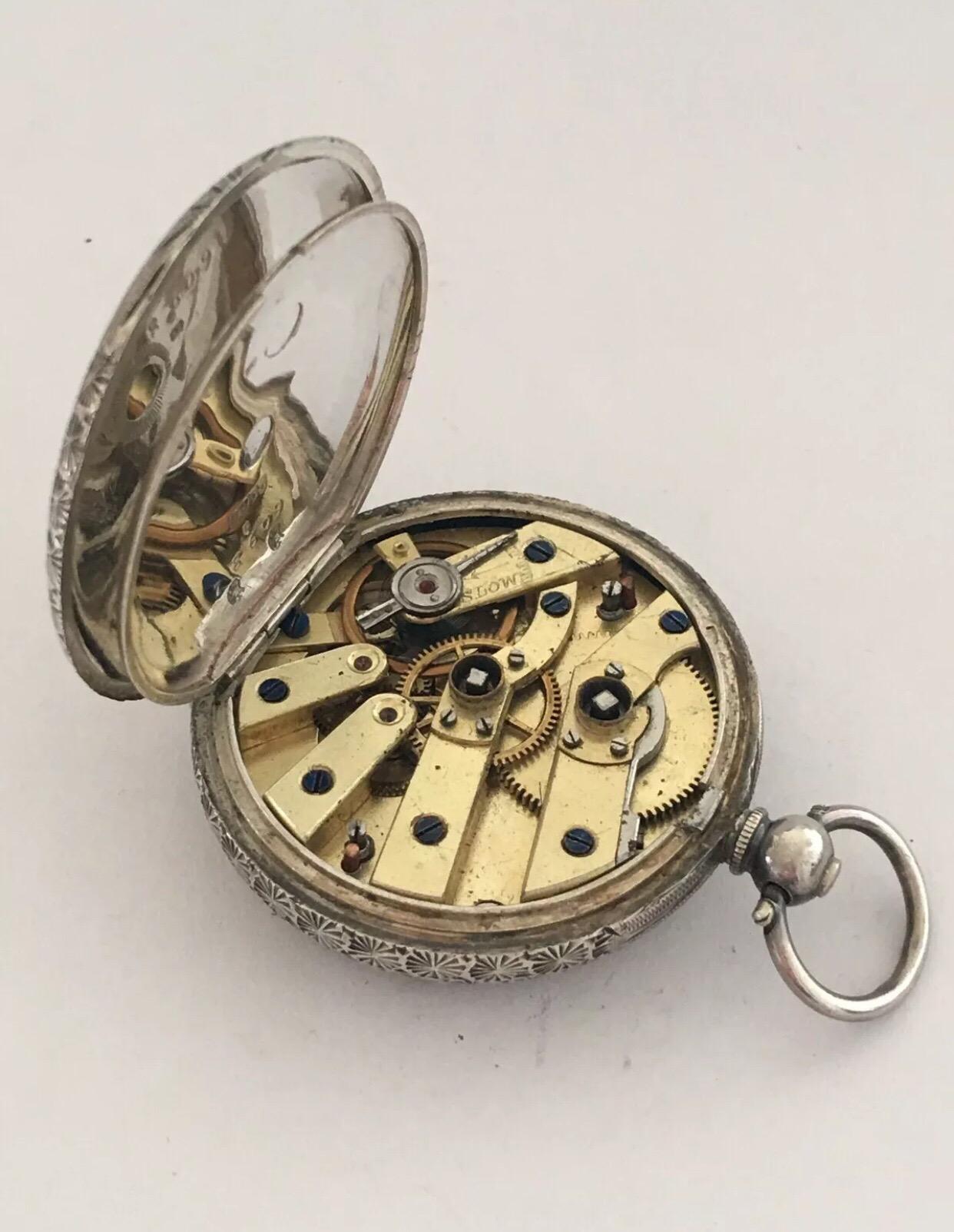 Antique Silver with Pink Enamel and Gold Inlaid Dial Key Wind Pocket Watch 1