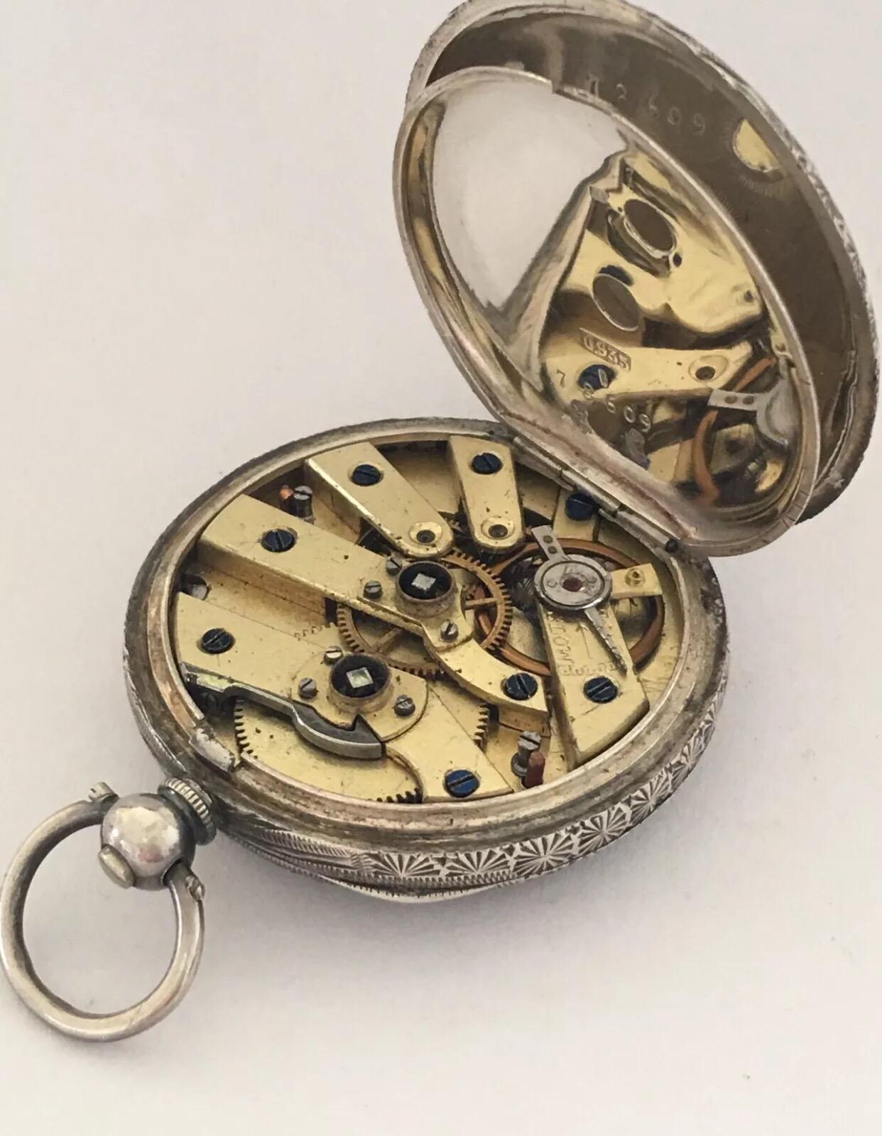 Antique Silver with Pink Enamel and Gold Inlaid Dial Key Wind Pocket Watch 4