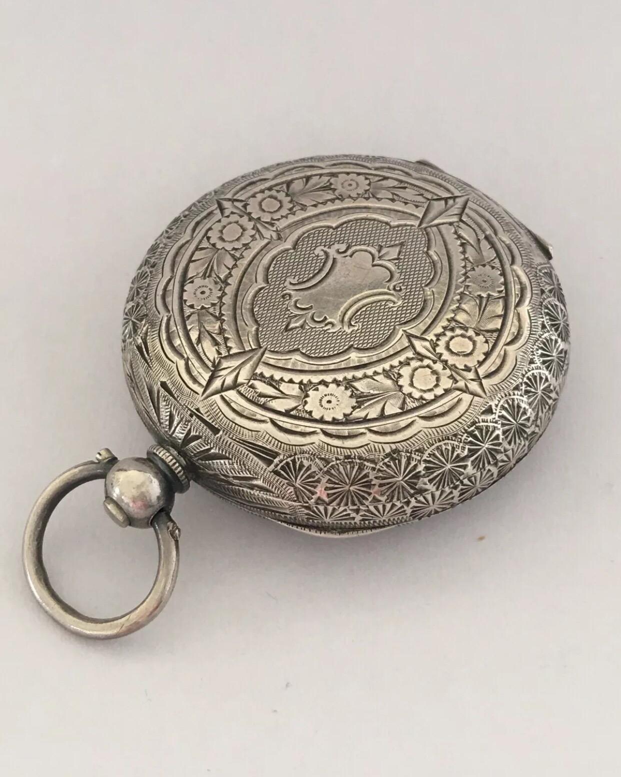 Antique Silver with Pink Enamel and Gold Inlaid Dial Key Wind Pocket Watch 5