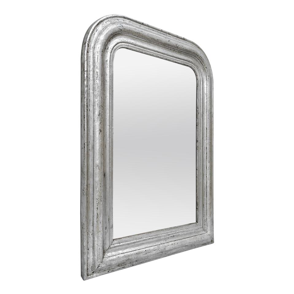 Antique French mirror silvered wood Louis Philippe style, circa 1890. Re-gilding to the leaf patinated. Modern glass mirror. Antique frame width 9.5 cm / 3.74 in.