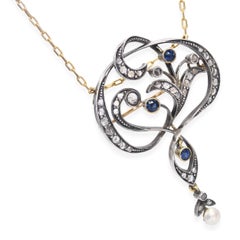 Antique Silver & Yellow Gold Rose Cut Diamond & Sapphire Lavalier Necklace