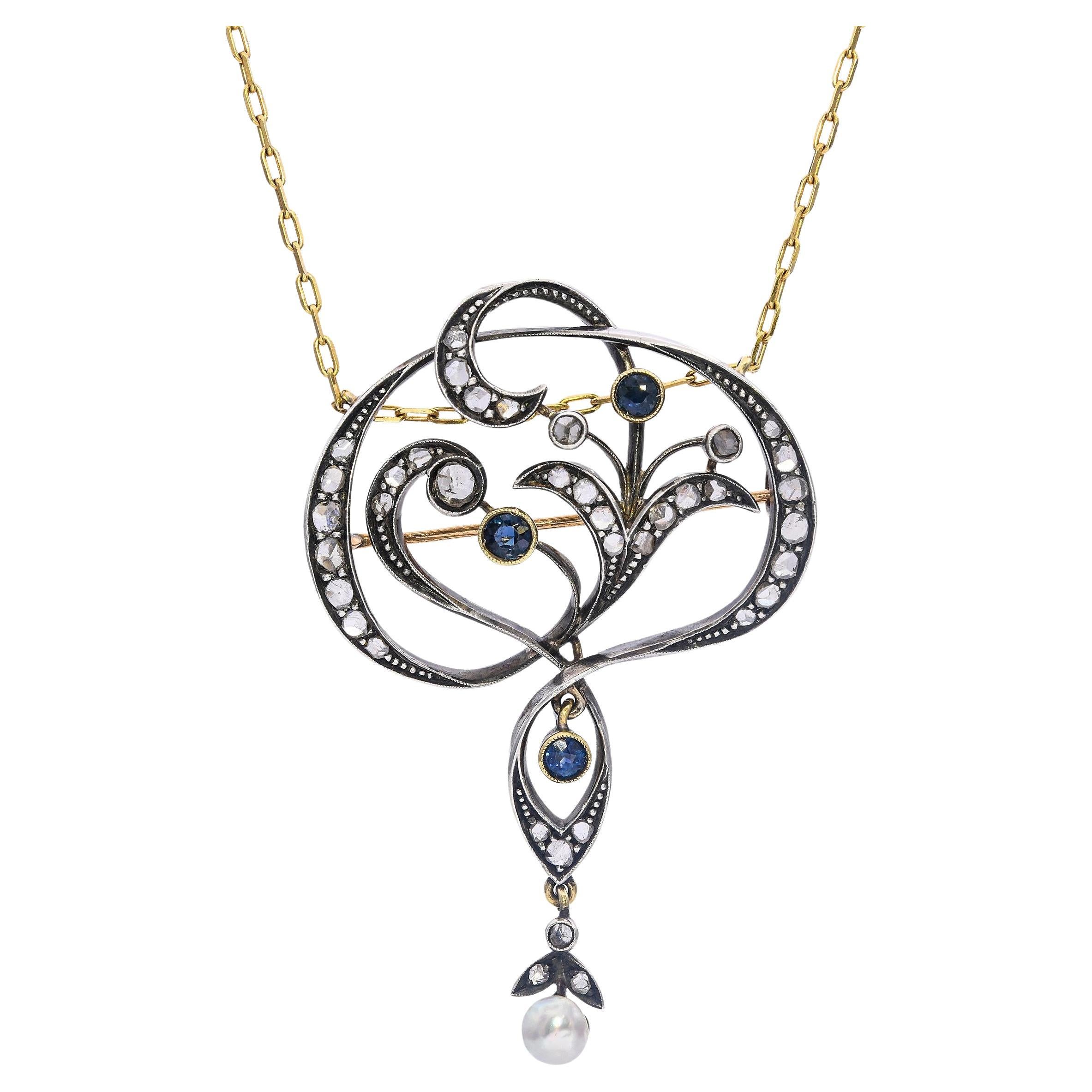 Collier Lavalier en argent ancien et or jaune avec diamants taillés en rose et saphirs