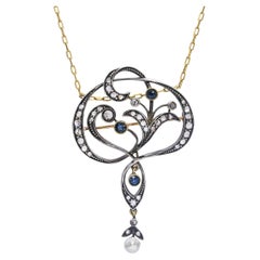 Collana Lavalier in argento antico e oro giallo con diamanti e zaffiri taglio rosa