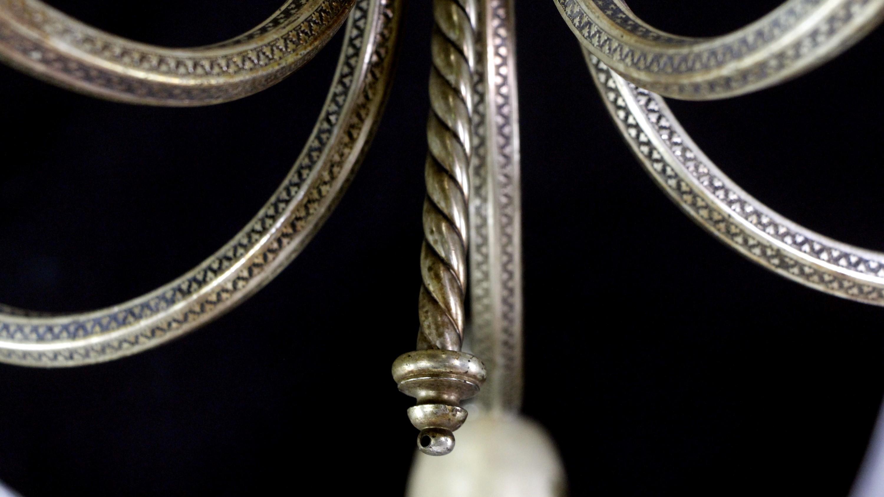Antique Silvered Brass Holophane Shades Chandelier 4