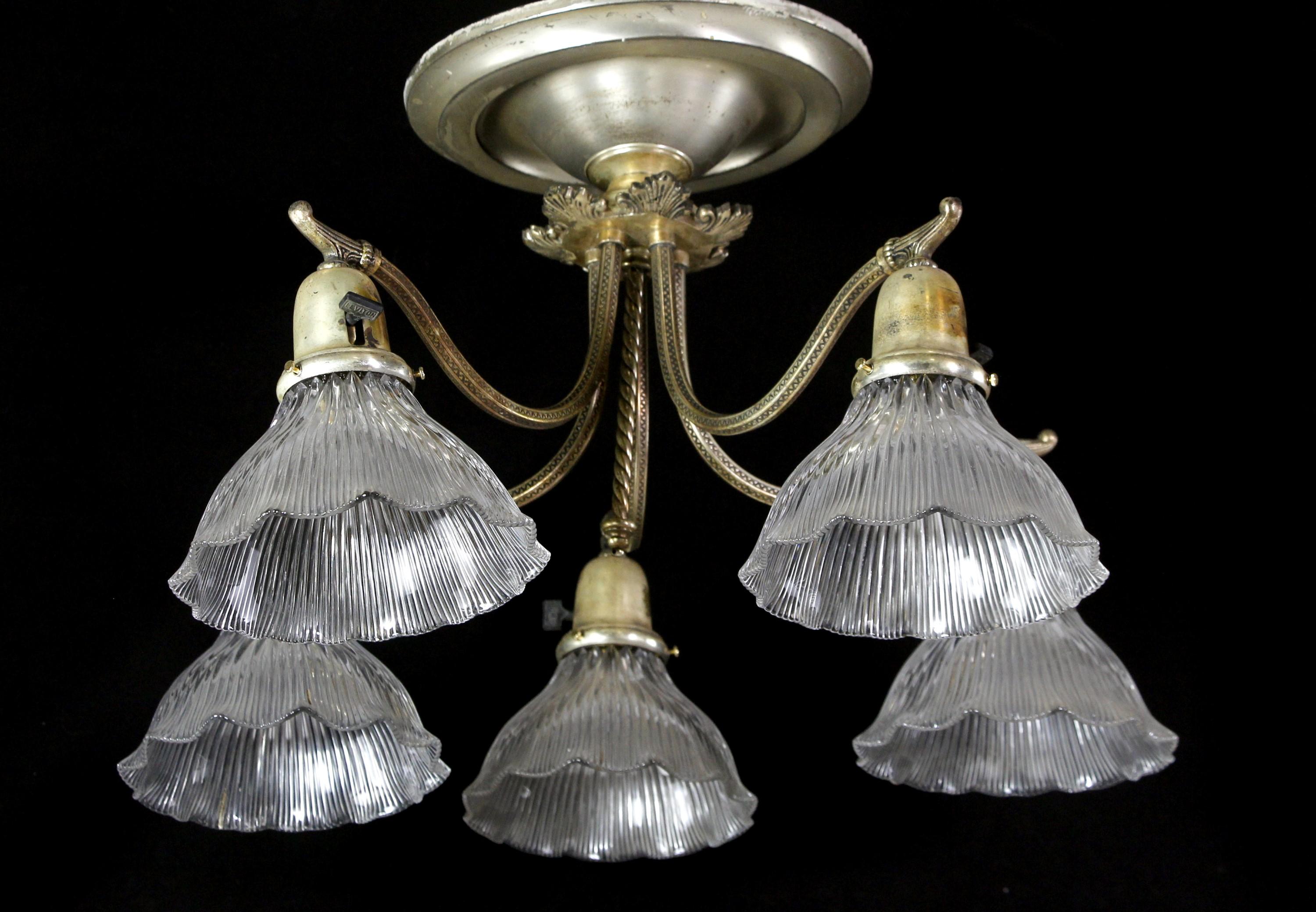 Antique Silvered Brass Holophane Shades Chandelier In Good Condition In New York, NY