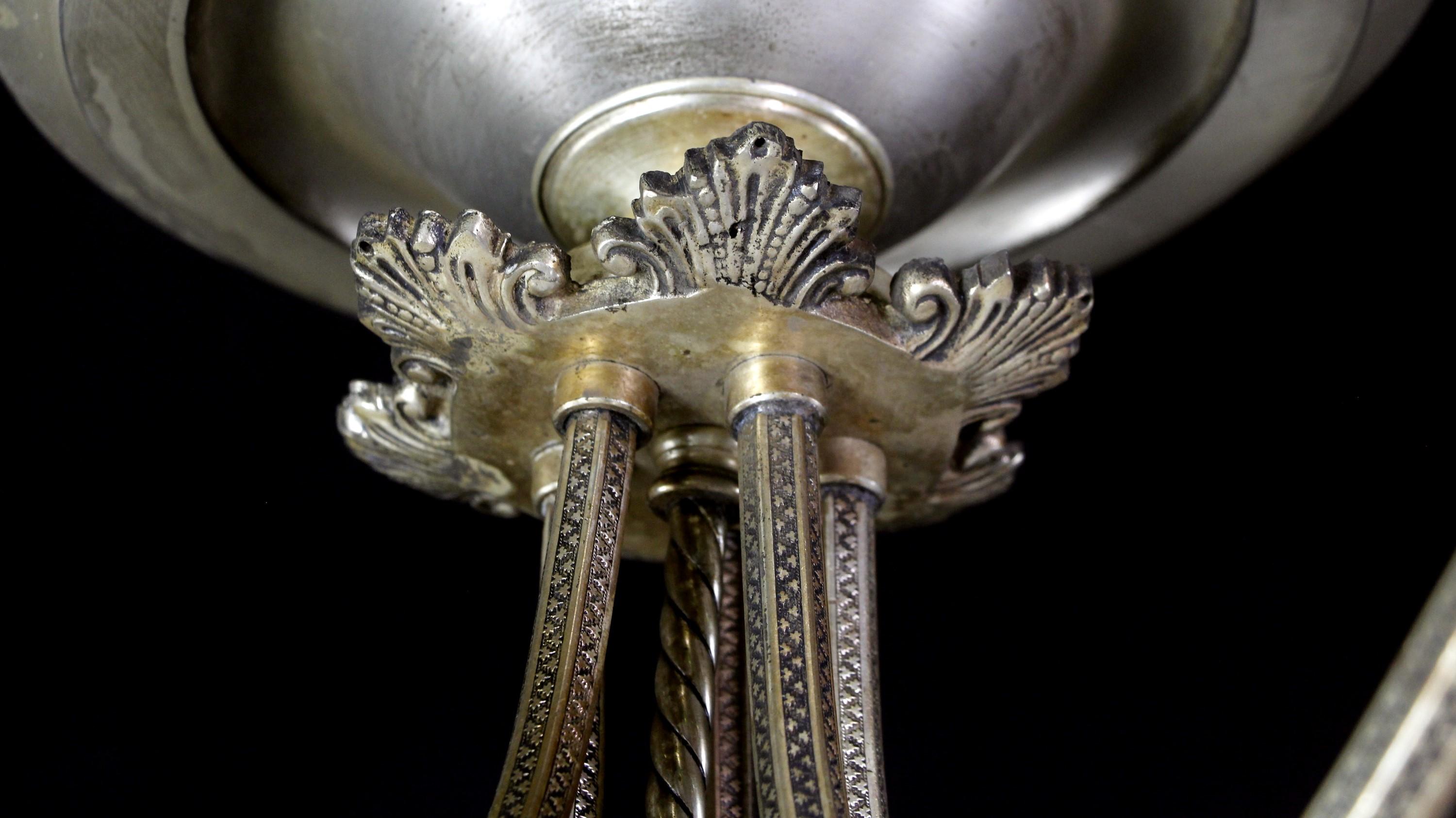 Antique Silvered Brass Holophane Shades Chandelier 3
