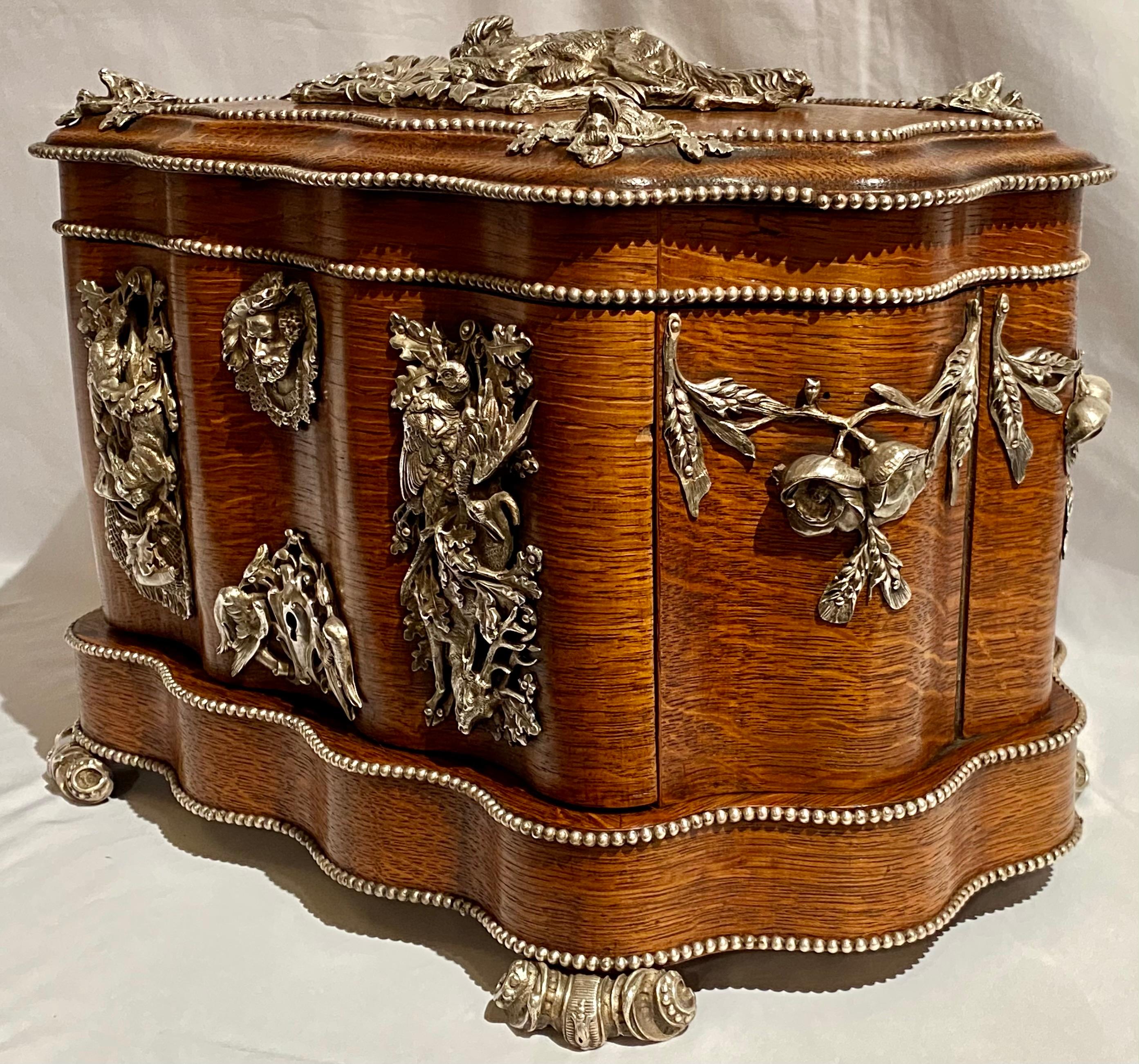 Antique Silvered Bronze Mounted Cave À Liqueur with Hunting Motifs, circa 1880 In Good Condition In New Orleans, LA