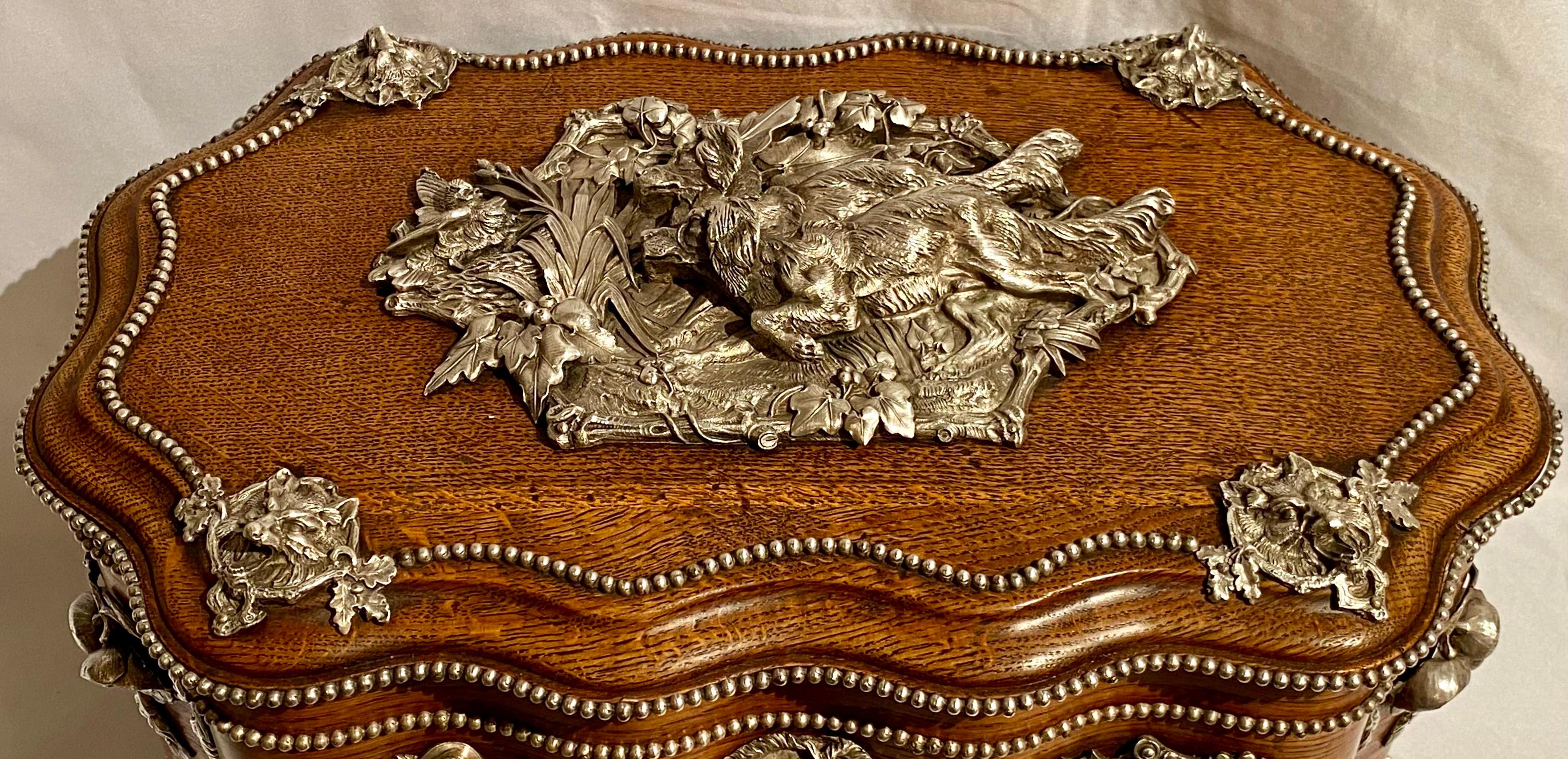 Antique Silvered Bronze Mounted Cave À Liqueur with Hunting Motifs, circa 1880 3