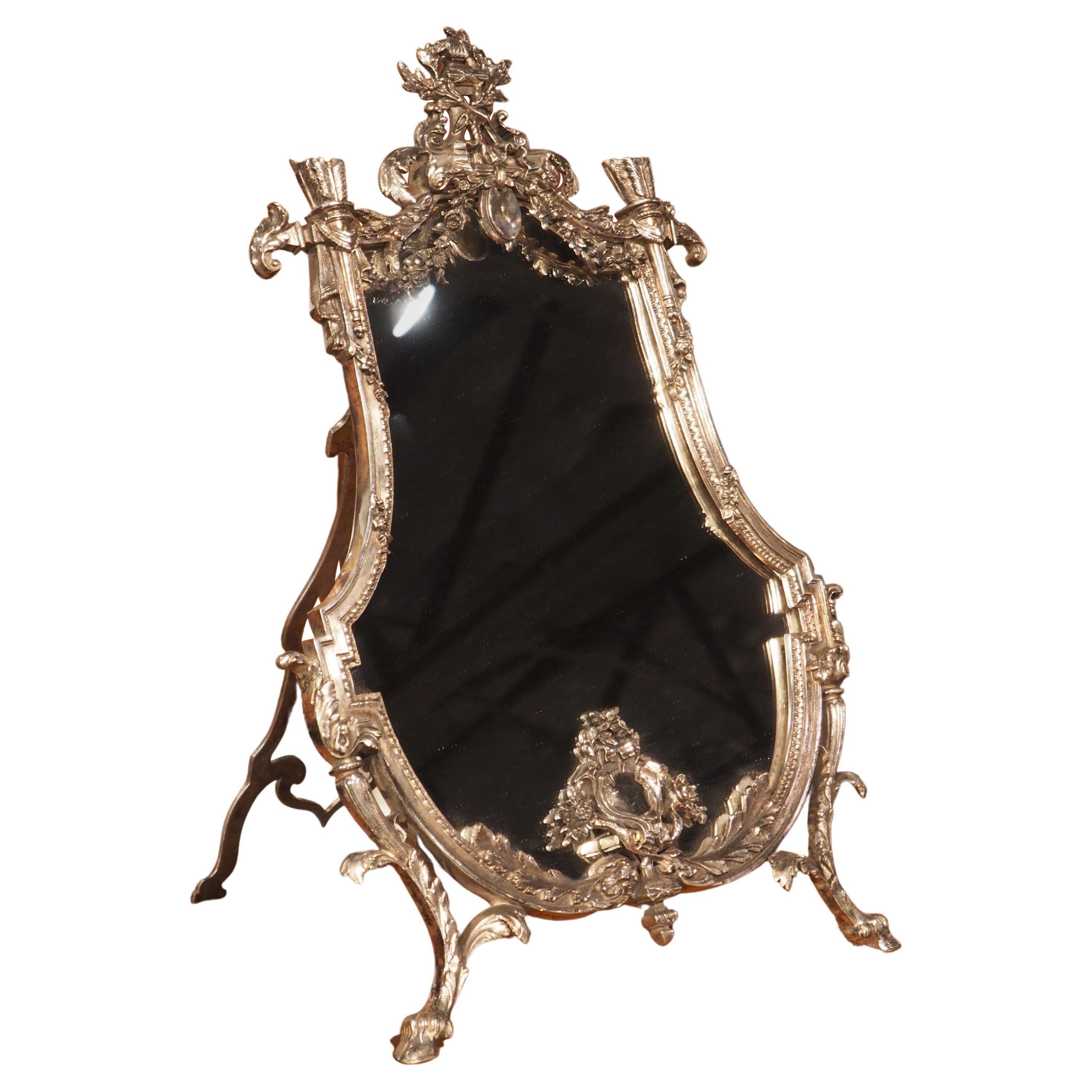 Antique Silvered Bronze Table Mirror from France, circa 1890