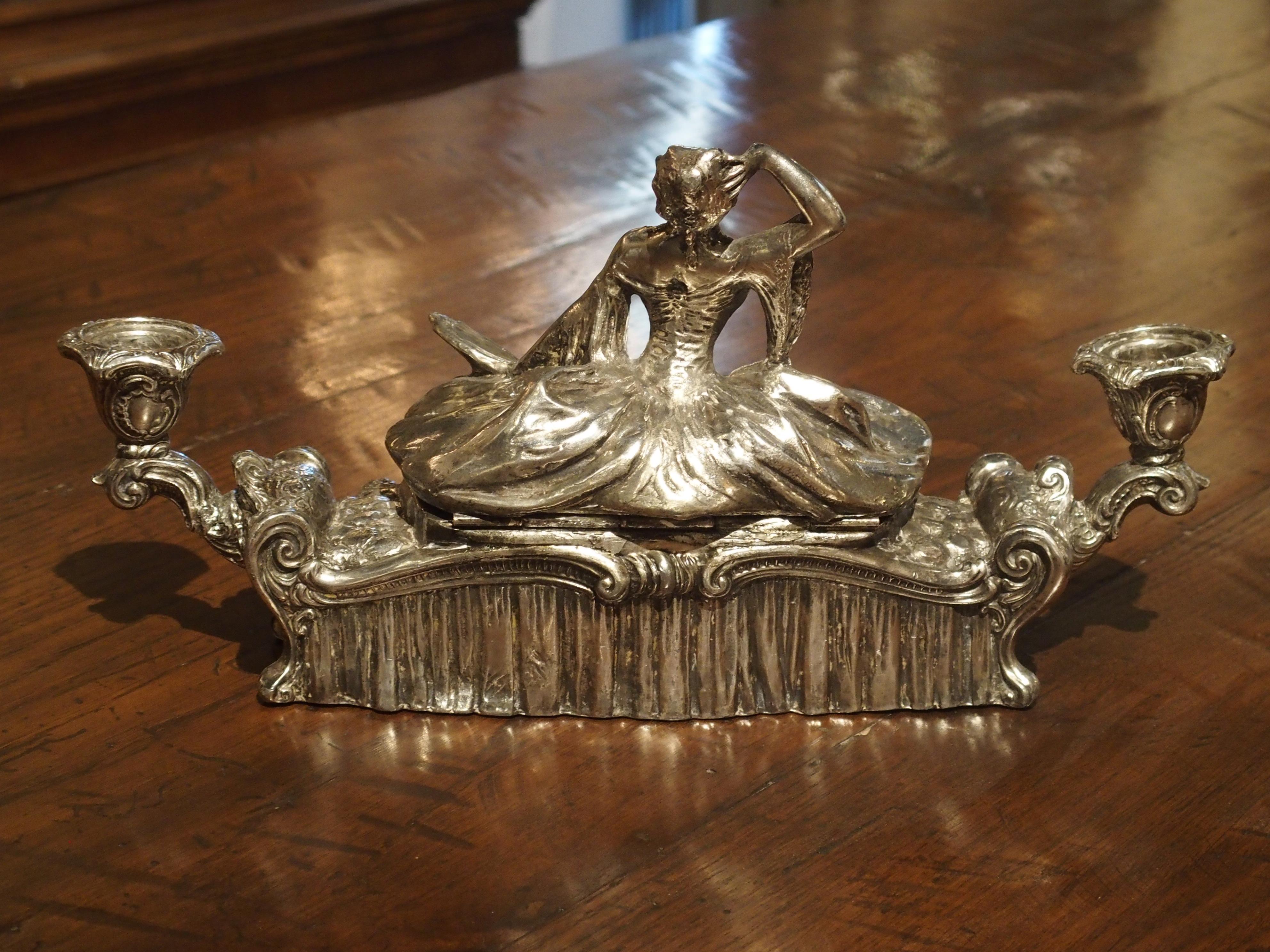 Antique Silvered Figural Jewelry or Table Box with Candleholders 6
