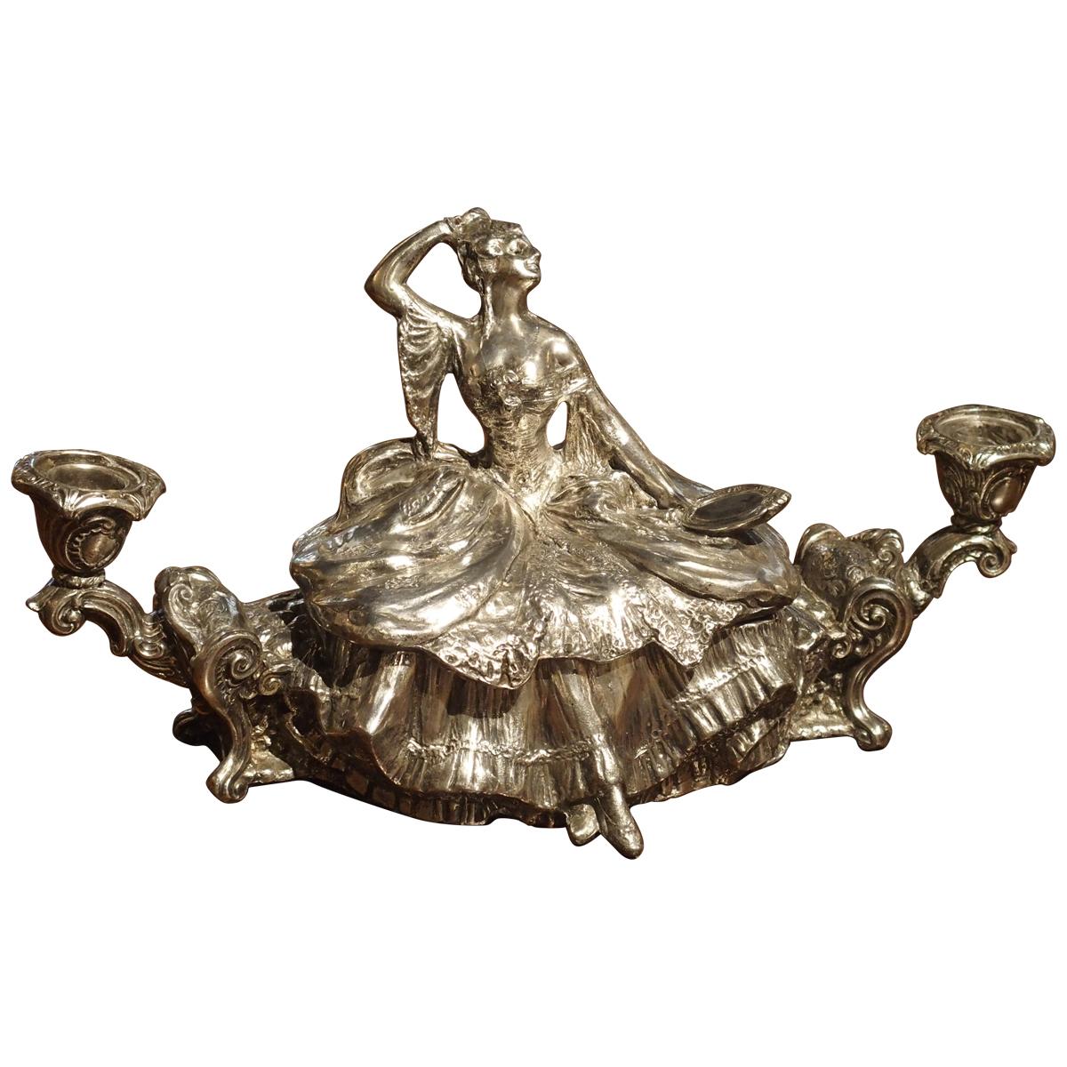 Antique Silvered Figural Jewelry or Table Box with Candleholders
