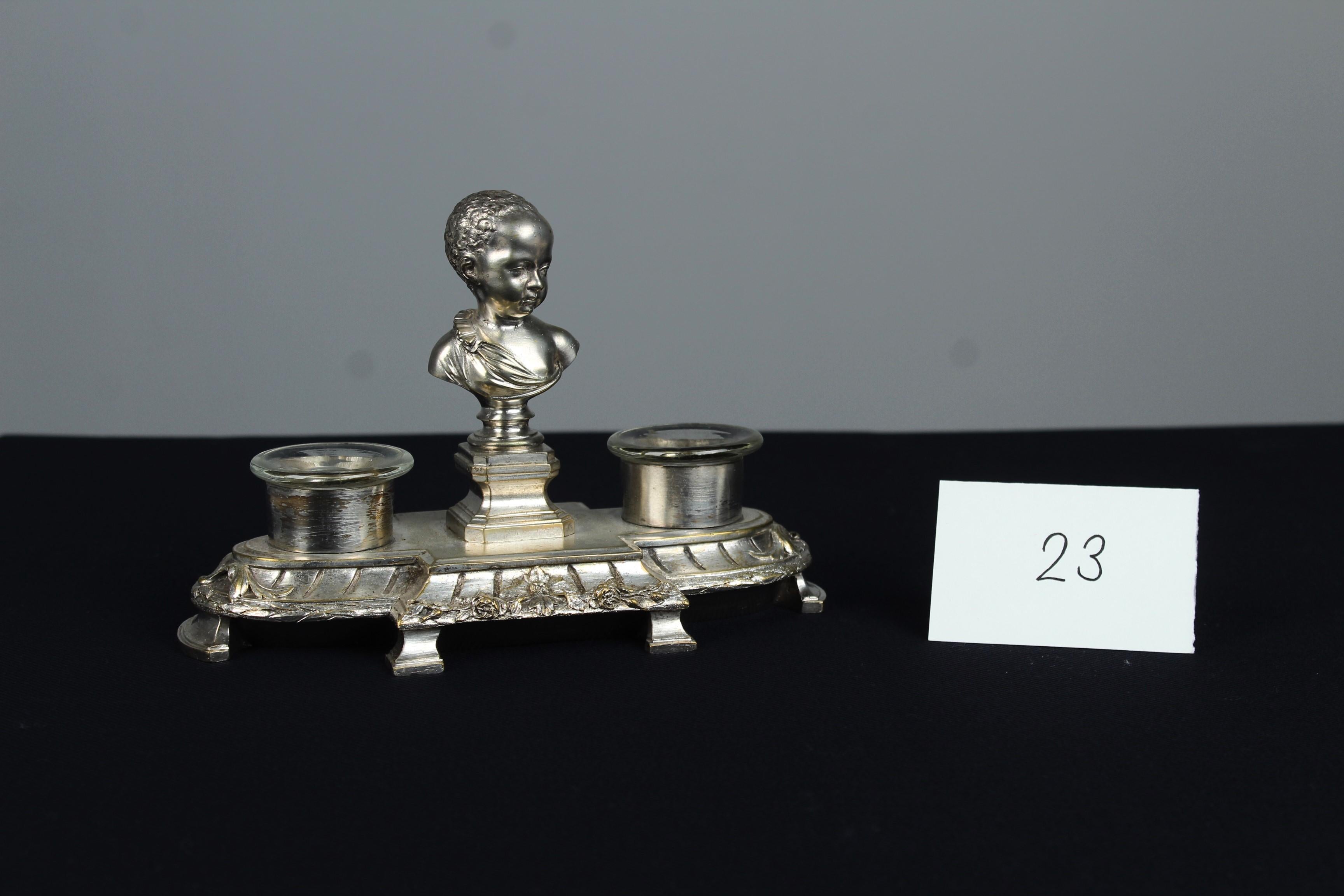 Antique Silvered Inkwell With Bust, 19th Century, France, Double Inkstand For Sale 5
