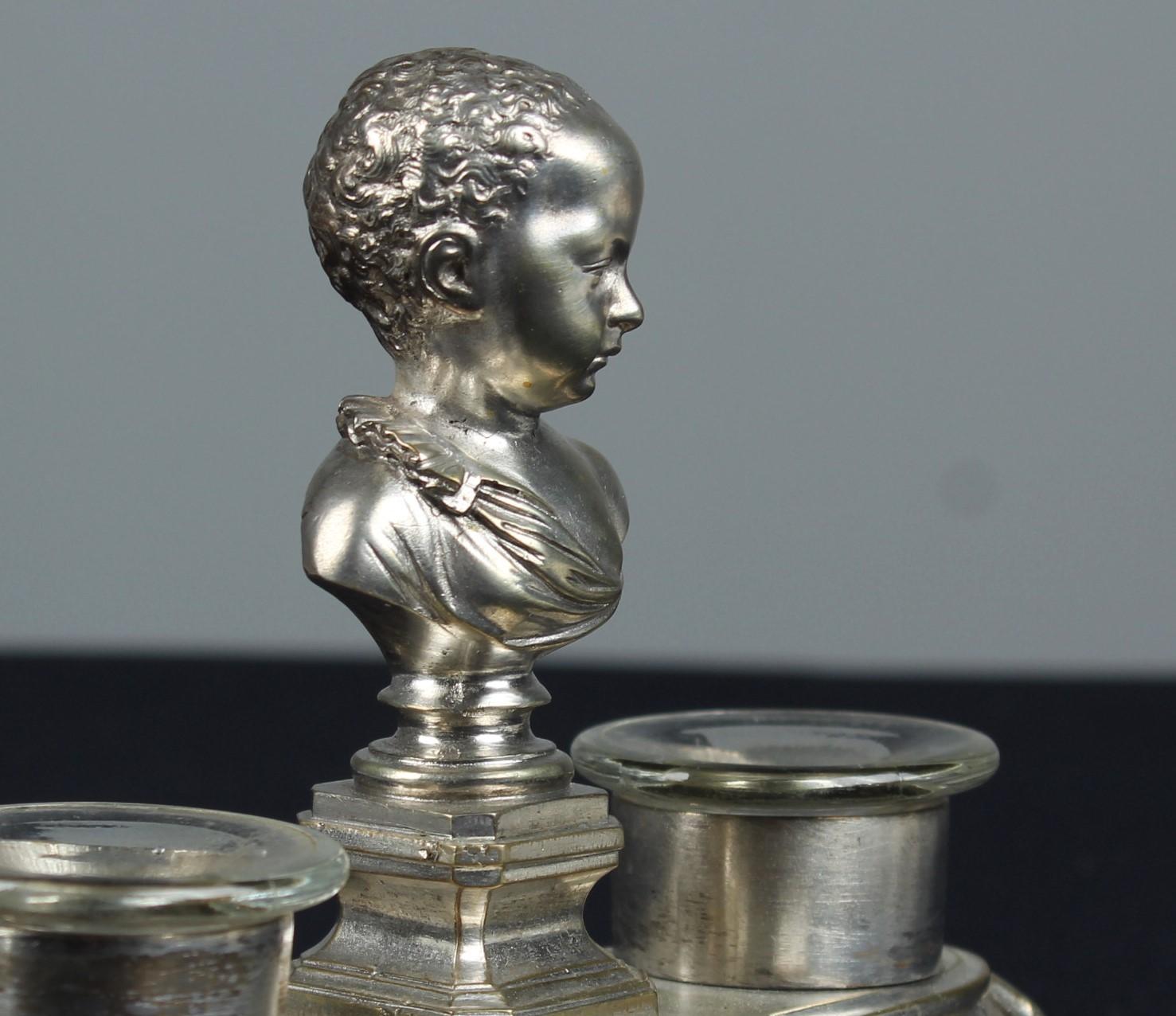 Argenté Encrier ancien avec buste, 19ème siècle, France, double encrier en vente