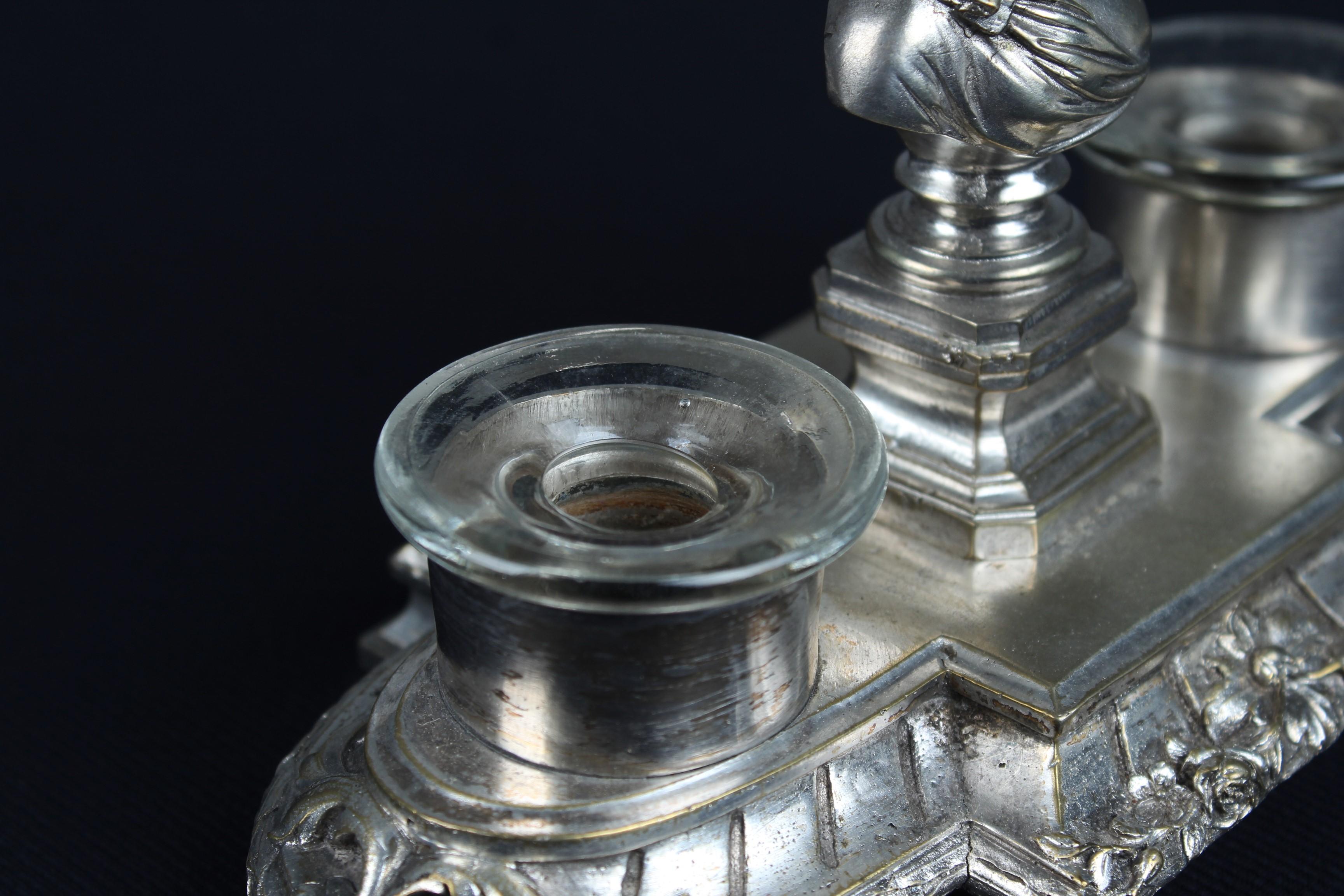 Bronze Antique Silvered Inkwell With Bust, 19th Century, France, Double Inkstand For Sale