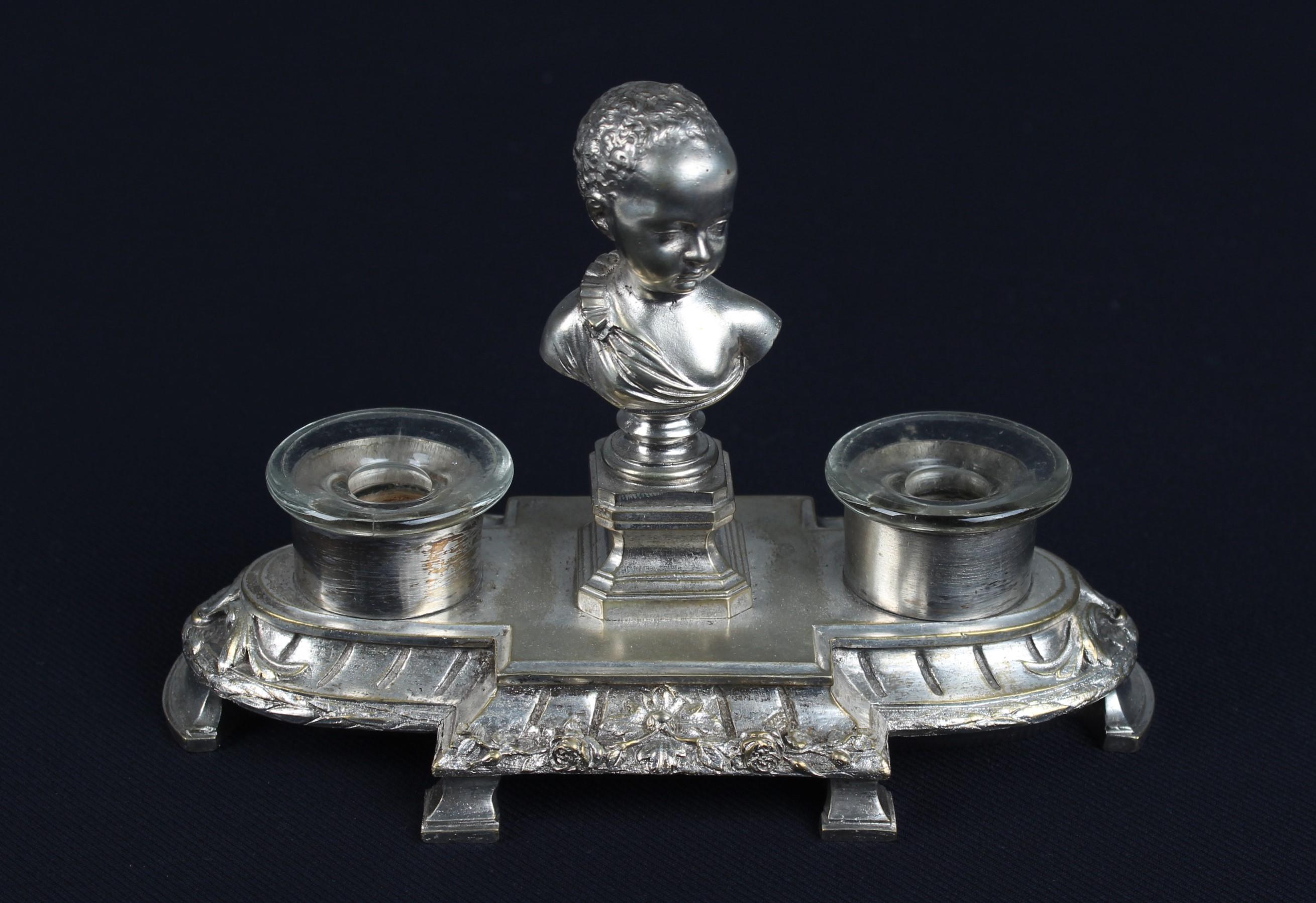 Antique Silvered Inkwell With Bust, 19th Century, France, Double Inkstand For Sale 2