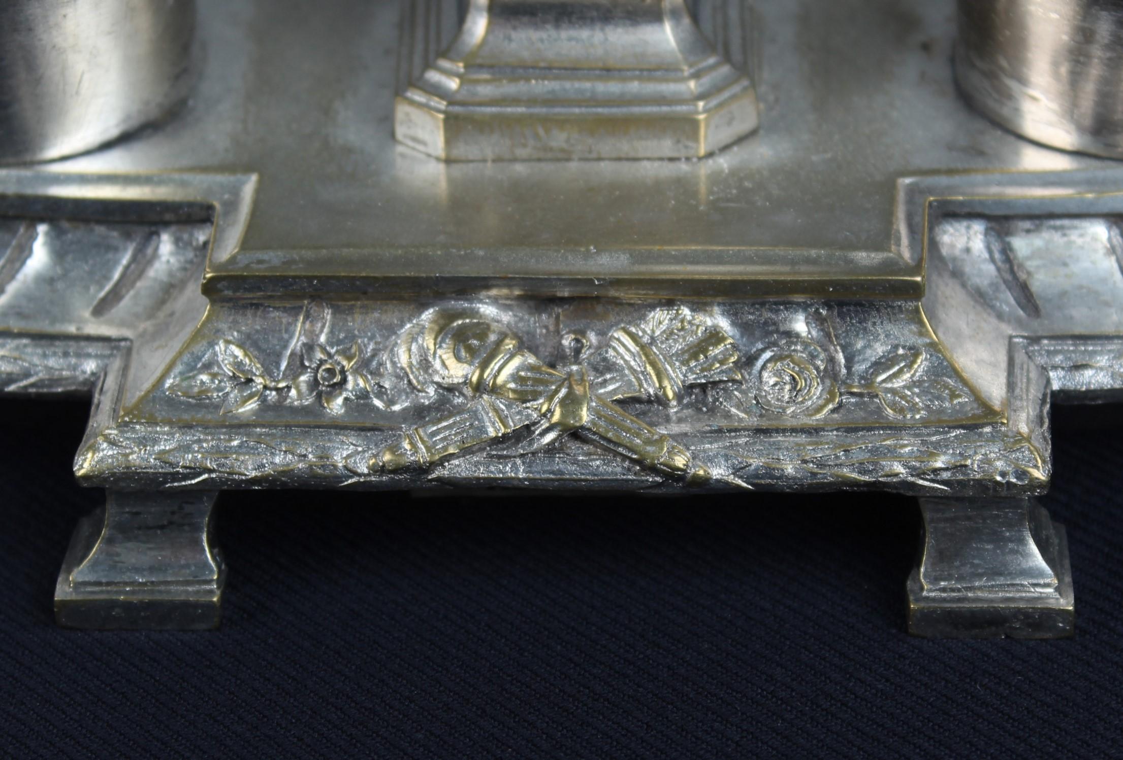 Antique Silvered Inkwell With Bust, 19th Century, France, Double Inkstand For Sale 3