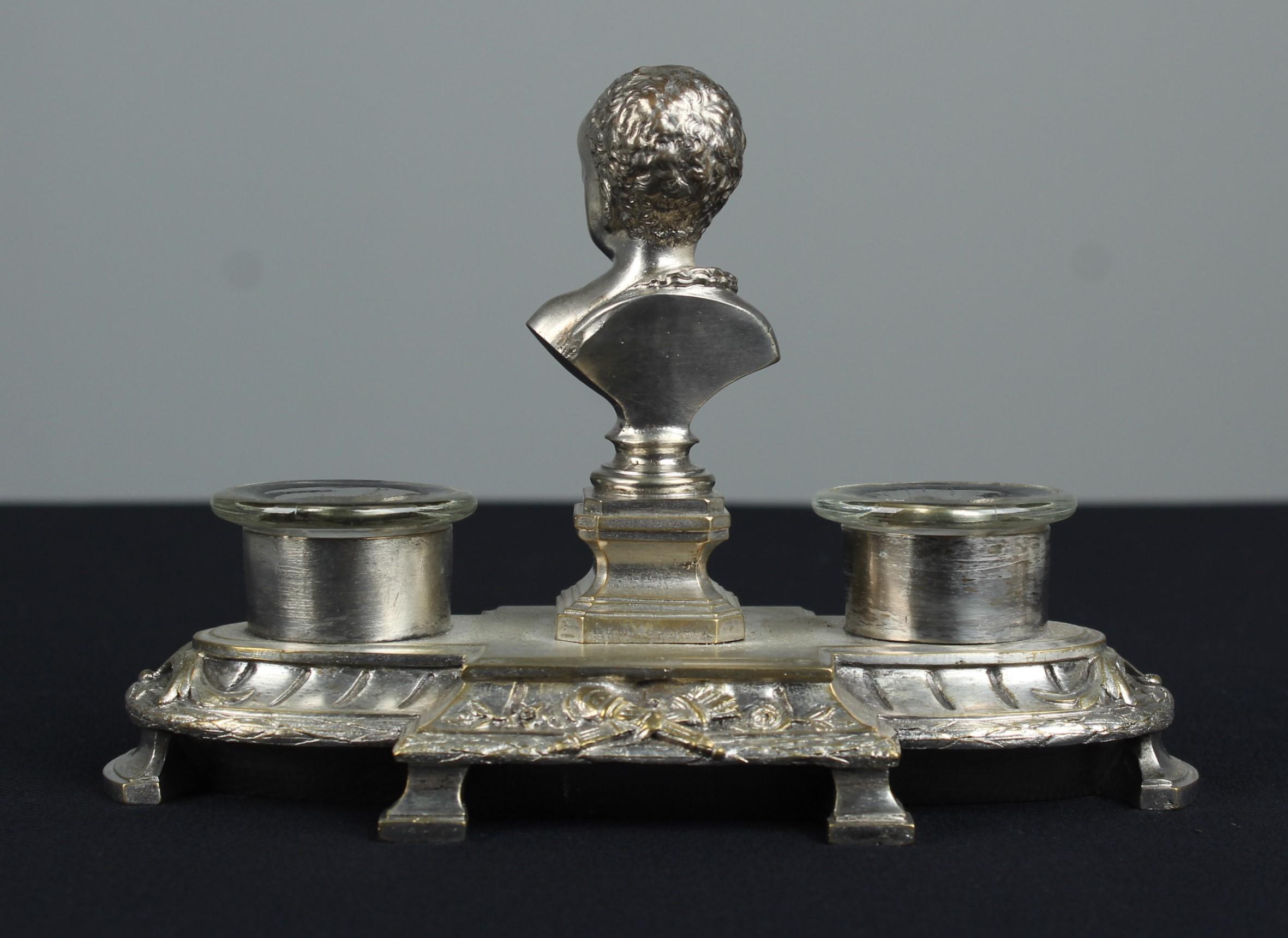 Antique Silvered Inkwell With Bust, 19th Century, France, Double Inkstand For Sale 4
