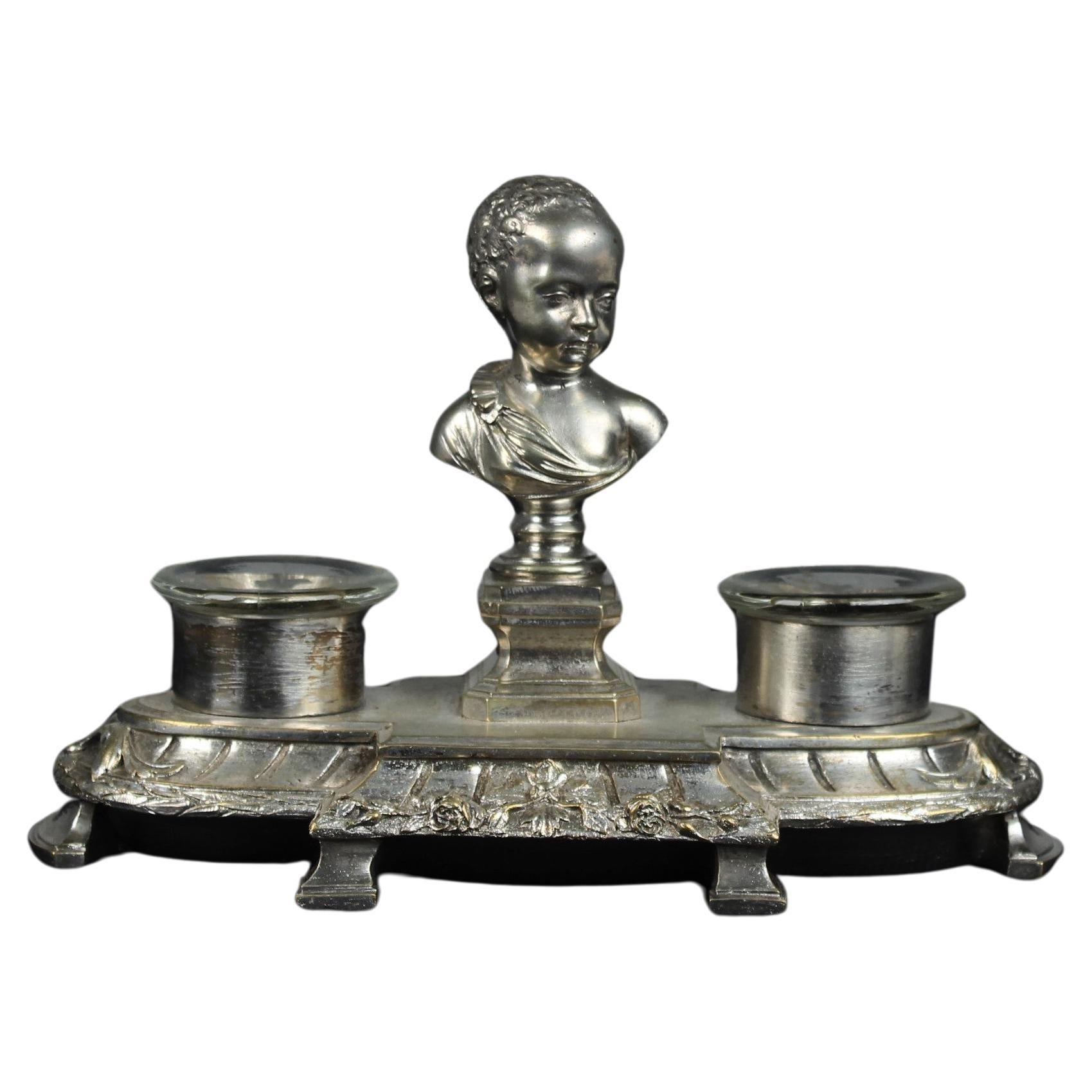 Antique Silvered Inkwell With Bust, 19th Century, France, Double Inkstand For Sale