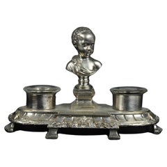 Antique Silvered Inkwell With Bust, 19th Century, France, Double Inkstand