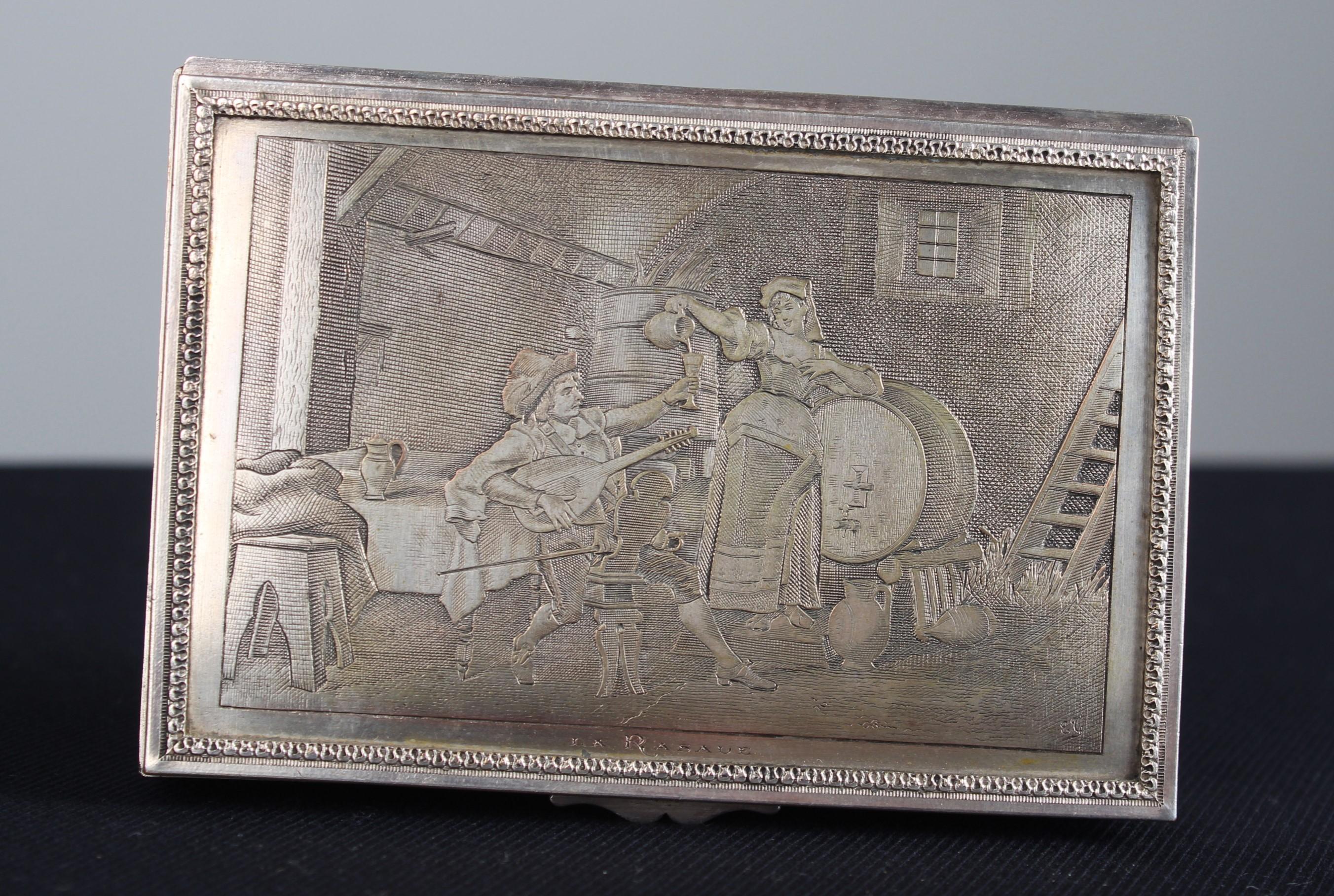 Antique Silvered Jewelry Box, Tavern Scene, France, 1880s In Good Condition For Sale In Greven, DE