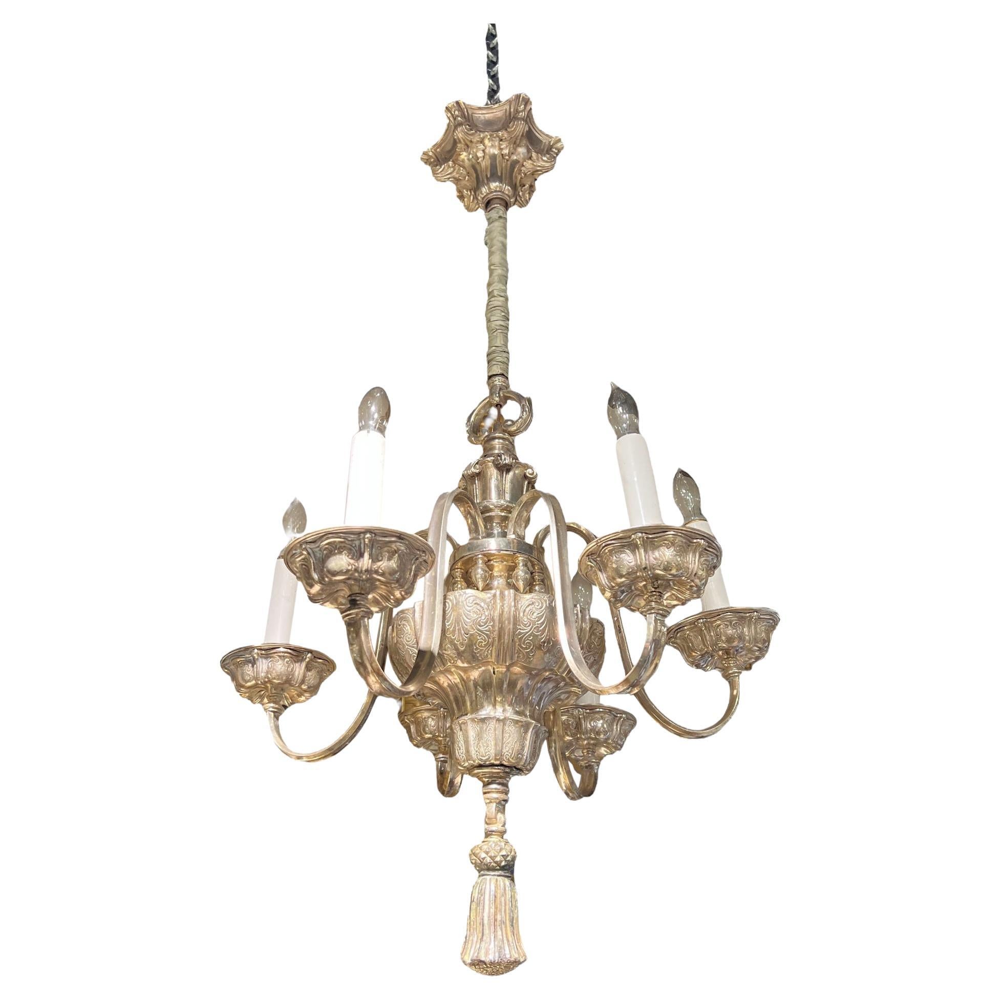 Antique Silvered Metal 6-Light Chandelier Attributed to Edward Caldwell