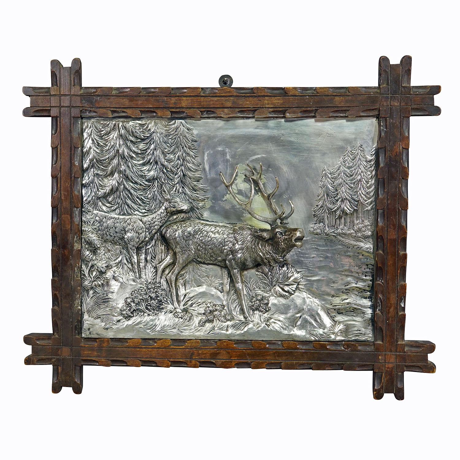 Antique Silvered Metal Relief Featuring a Stag and a Doe

Rare silvered metal relief from the end of the 19th century representing a majestic deer and doe standing at the edge of the forest. The subject (deers and trees) is a 3-dimensional silver
