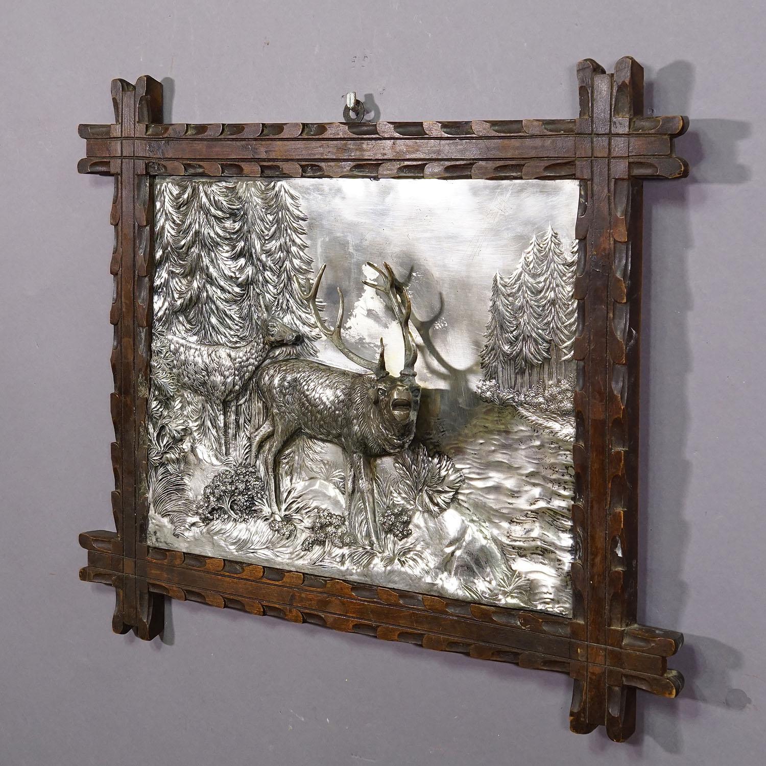 Black Forest Antique Silvered Metal Relief Featuring a Stag and a Doe