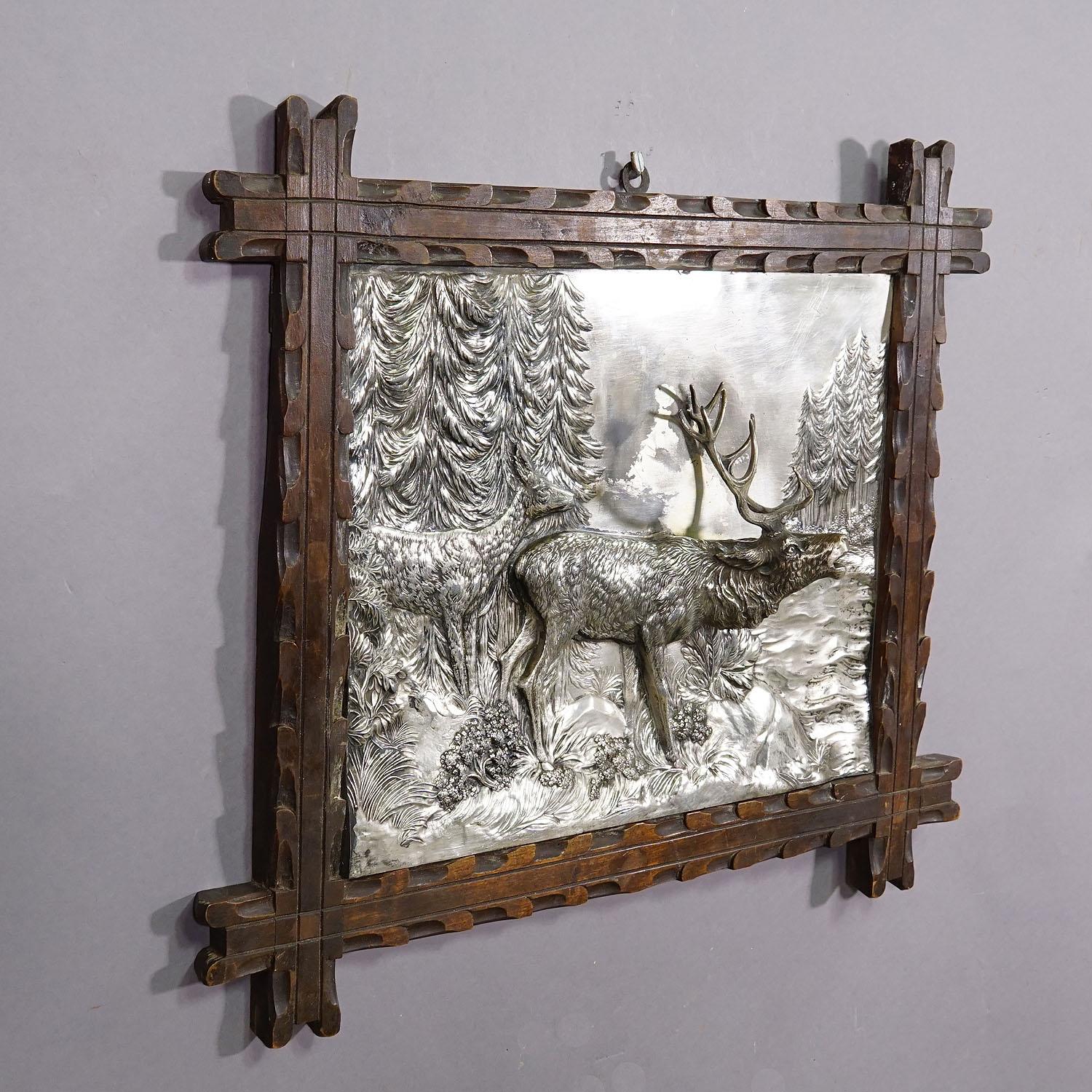 German Antique Silvered Metal Relief Featuring a Stag and a Doe