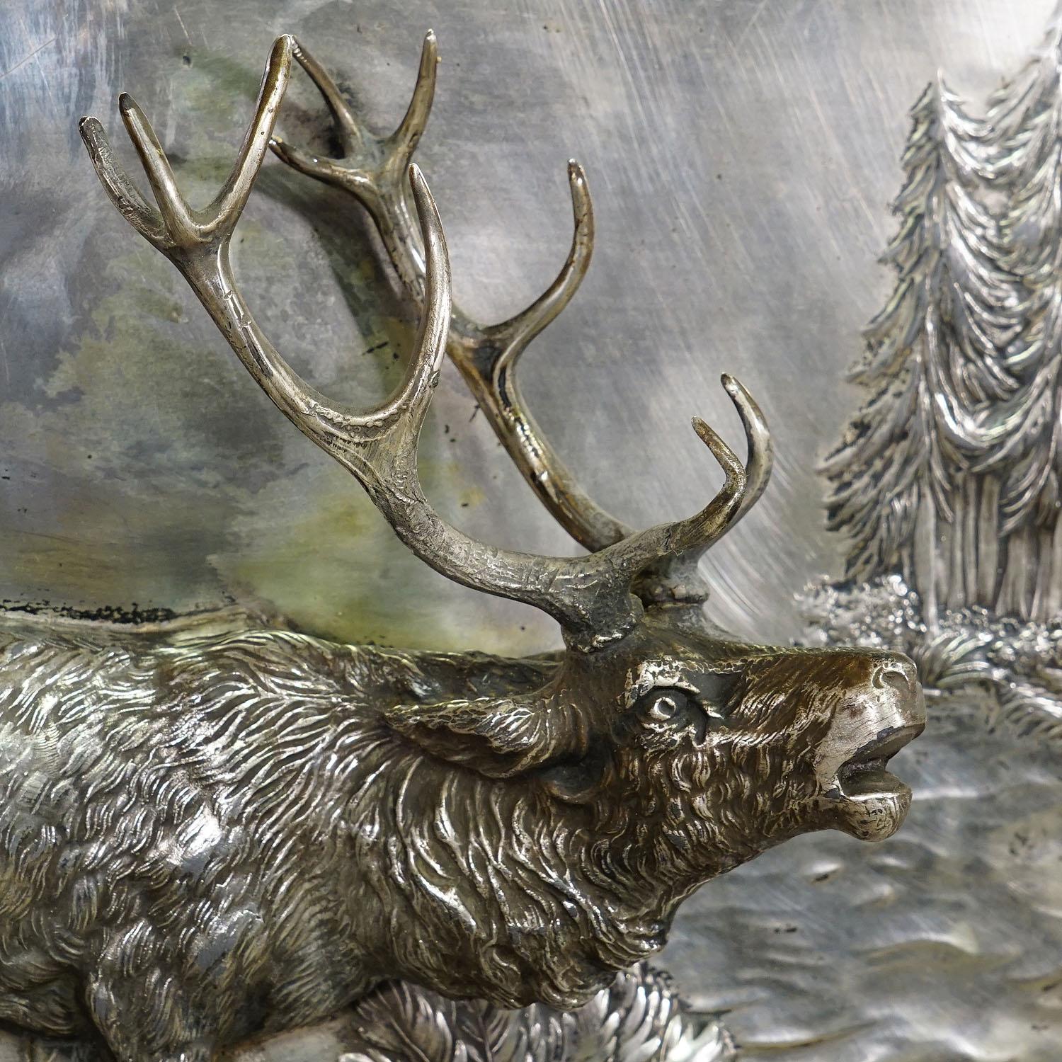 19th Century Antique Silvered Metal Relief Featuring a Stag and a Doe