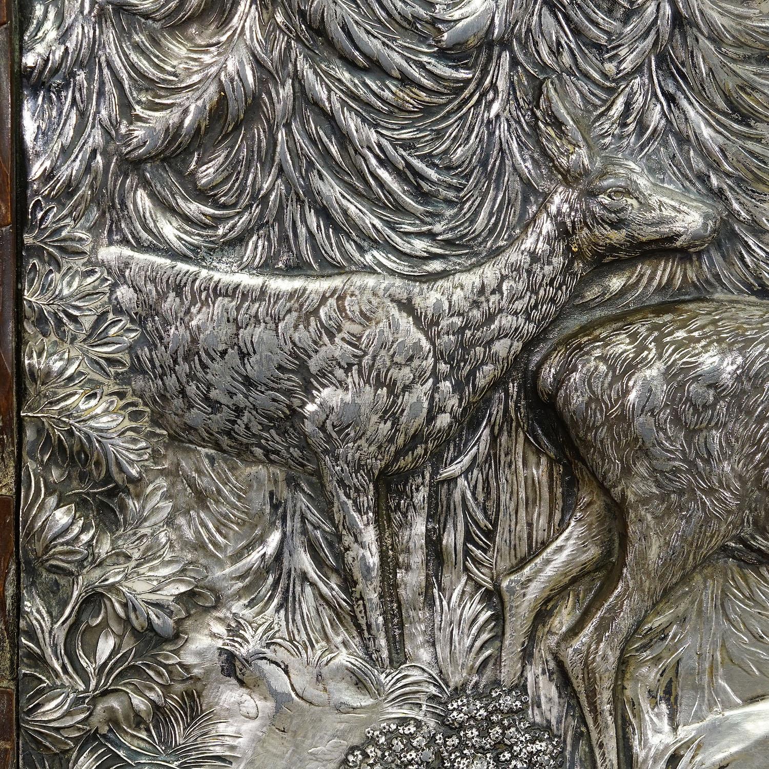 Antique Silvered Metal Relief Featuring a Stag and a Doe 1