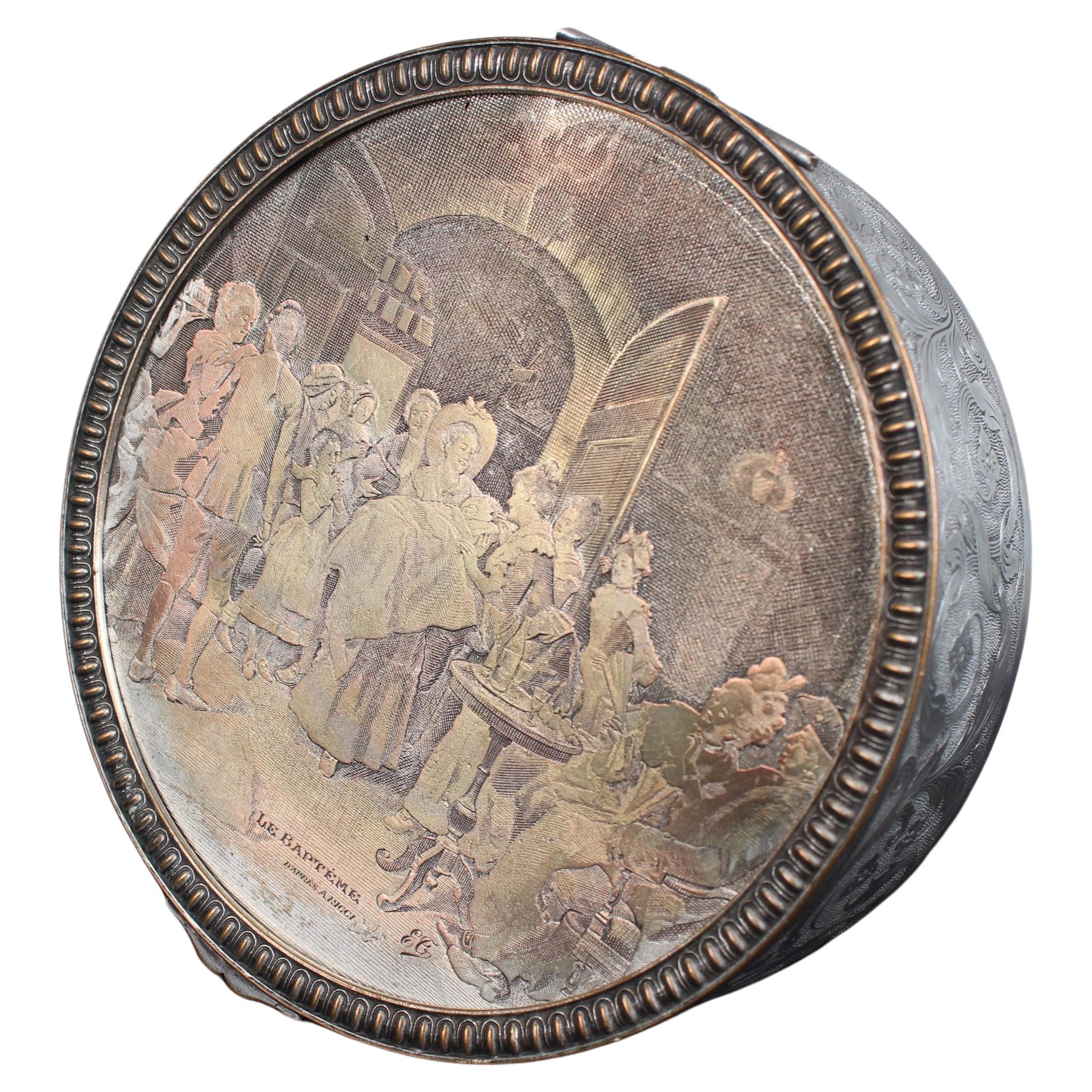 Antique Silvered Round Jewelry Box "The Baptism", France, 1880s For Sale