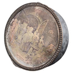 Used Silvered Round Jewelry Box "The Baptism", France, 1880s