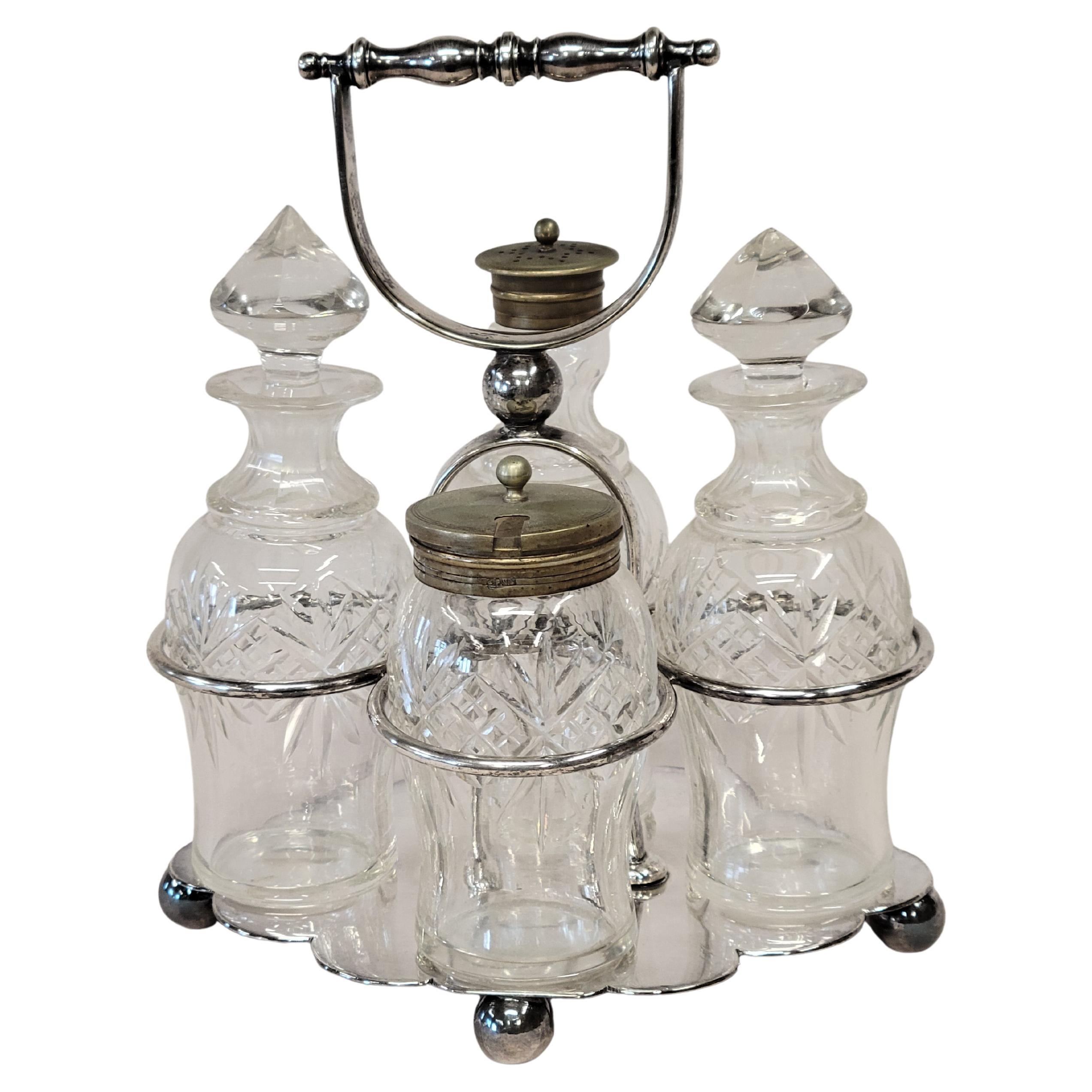 Antique Silverplate and Glass Four Bottle Cruet Set For Sale