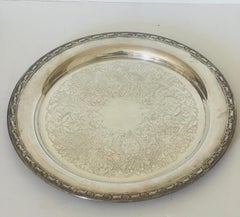 Antique Silverplate Round Serving Tray, Incised Design, 1940
