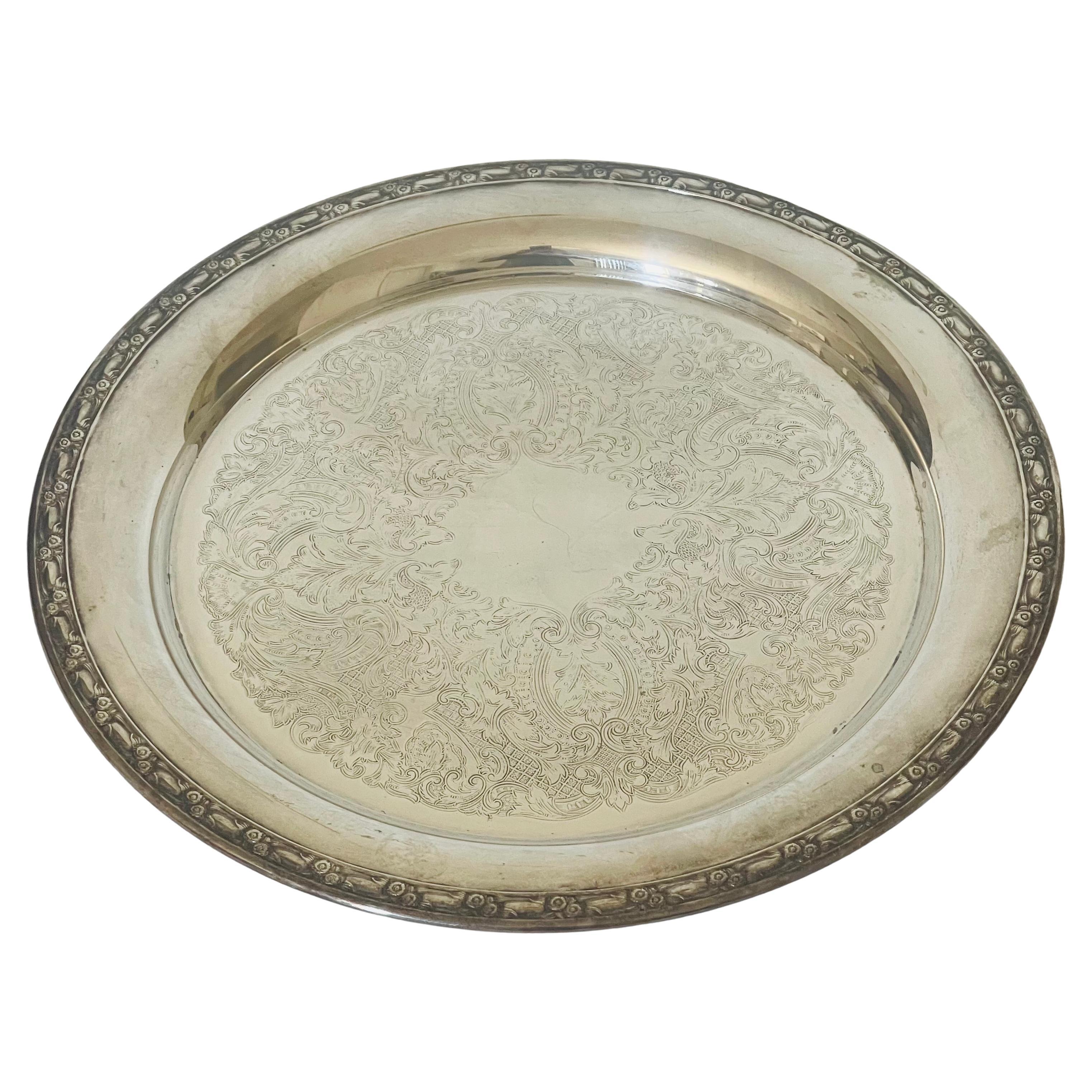 Antique Silverplate Round Serving Tray, Incised Design, 1940