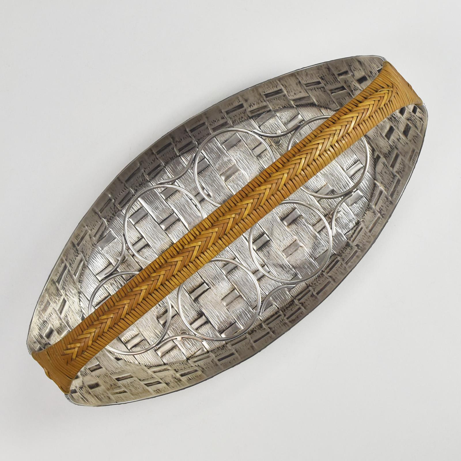 Cesta antigua plateada Portavasos de limonada Mango de ratán Art Nouveau Hecho a mano en venta