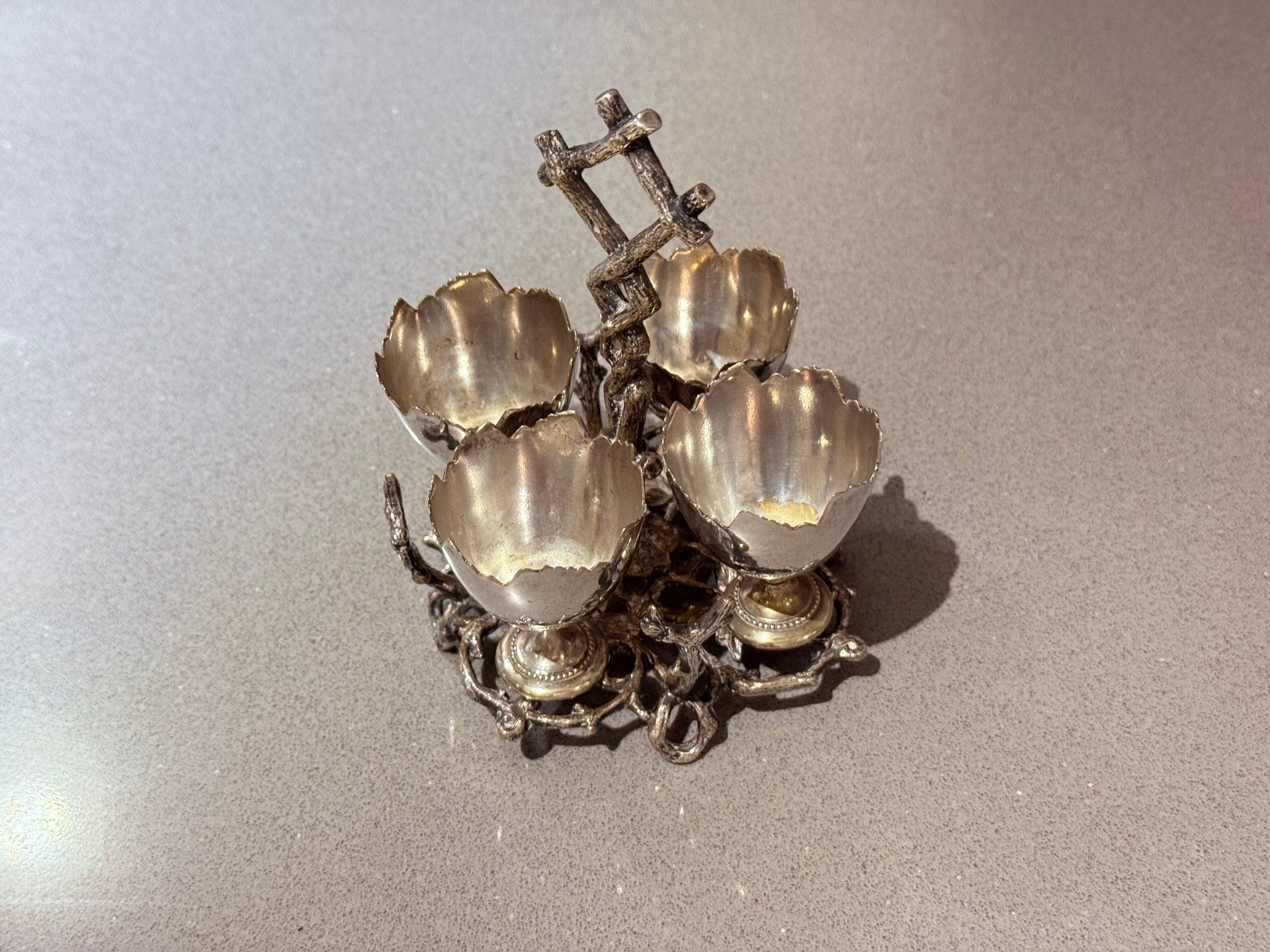 Art Deco Antique Silverplated Egg Cup Stand Four Small Egg Holders Ornate Victorian Style For Sale