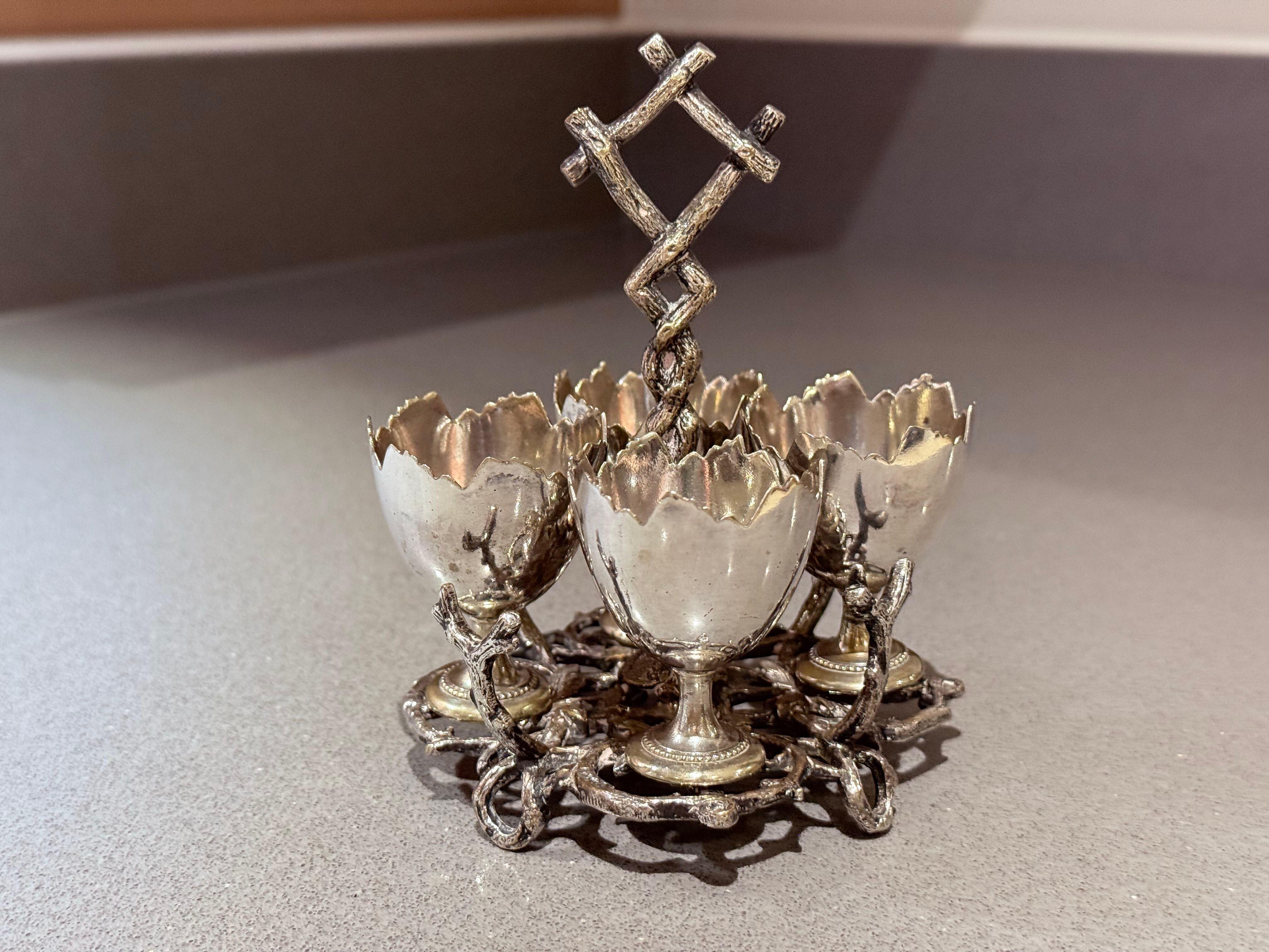 British Antique Silverplated Egg Cup Stand Four Small Egg Holders Ornate Victorian Style For Sale