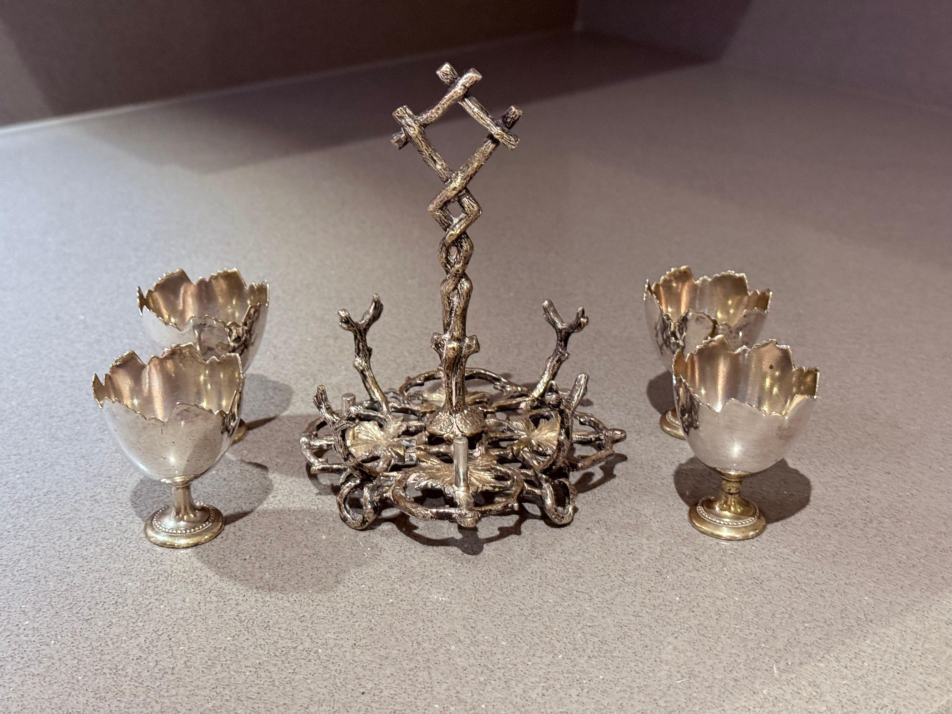Antique Silverplated Egg Cup Stand Four Small Egg Holders Ornate Victorian Style For Sale 1