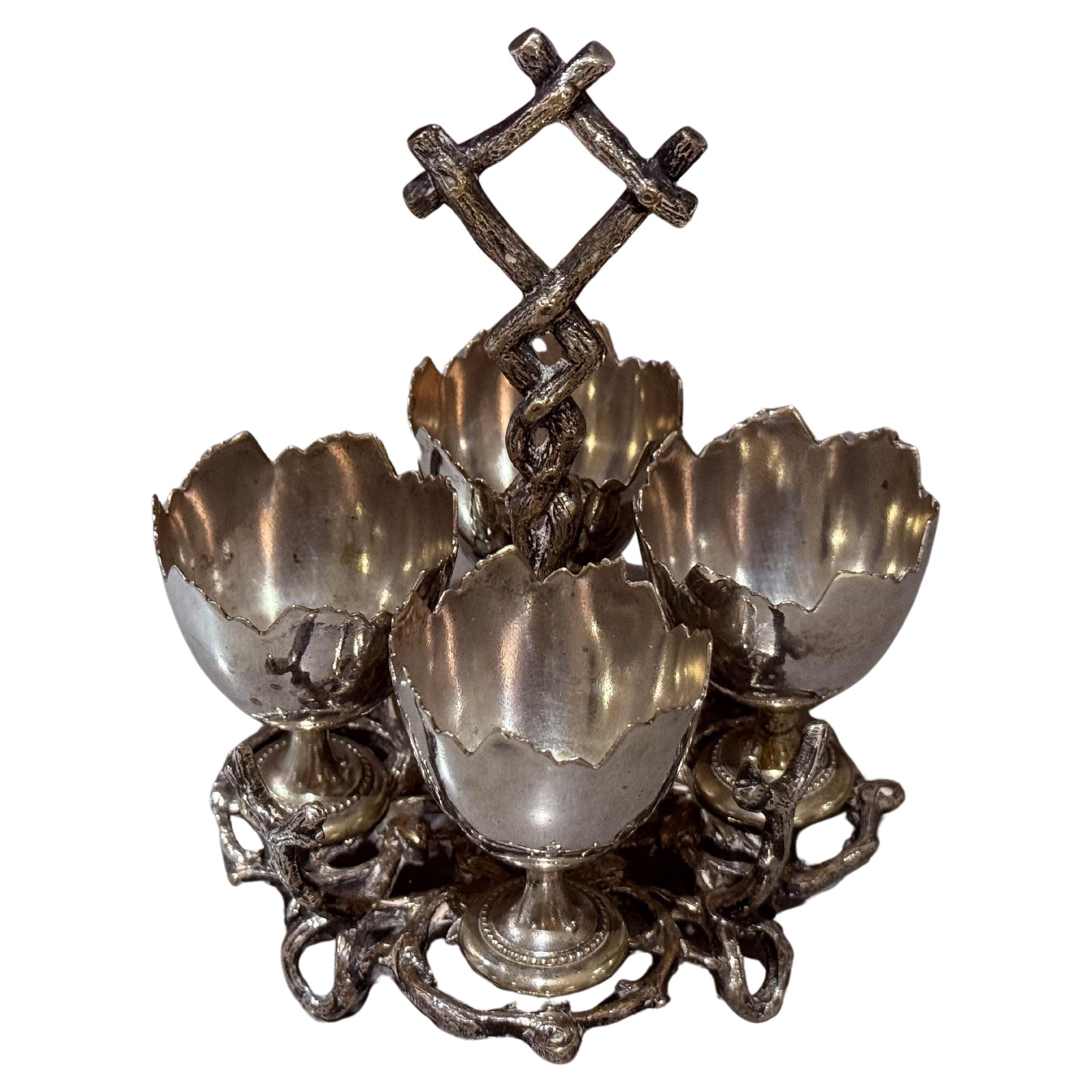 Antique Silverplated Egg Cup Stand Four Small Egg Holders Ornate Victorian Style For Sale
