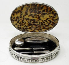 Antique Silverplated Faux Tortoiseshell Ladys Toiletries Vanity Grooming Set 19C